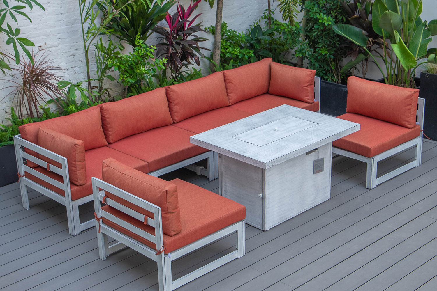 LeisureMod Chelsea 7-Piece Patio Sectional and Fire Pit Table In Weathered Gray Aluminum with Cushions - Orange