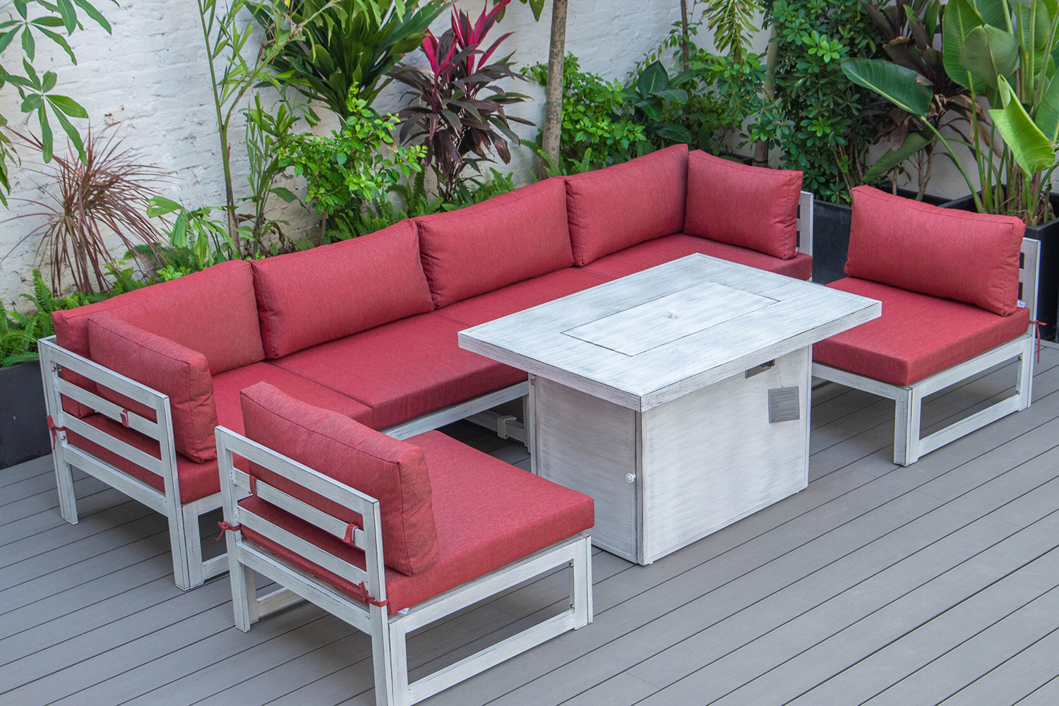 LeisureMod Chelsea 7-Piece Patio Sectional and Fire Pit Table In Weathered Gray Aluminum with Cushions - Red