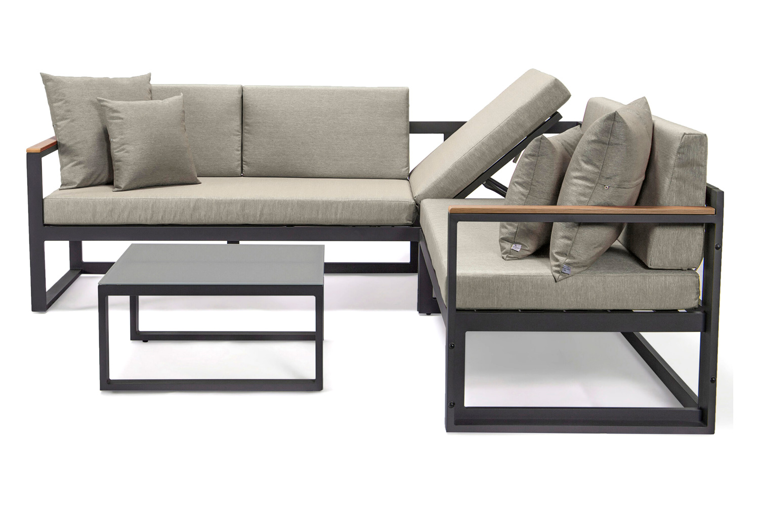 LeisureMod Chelsea Black Sectional with Adjustable Headrest and Coffee Table with Cushions - Beige