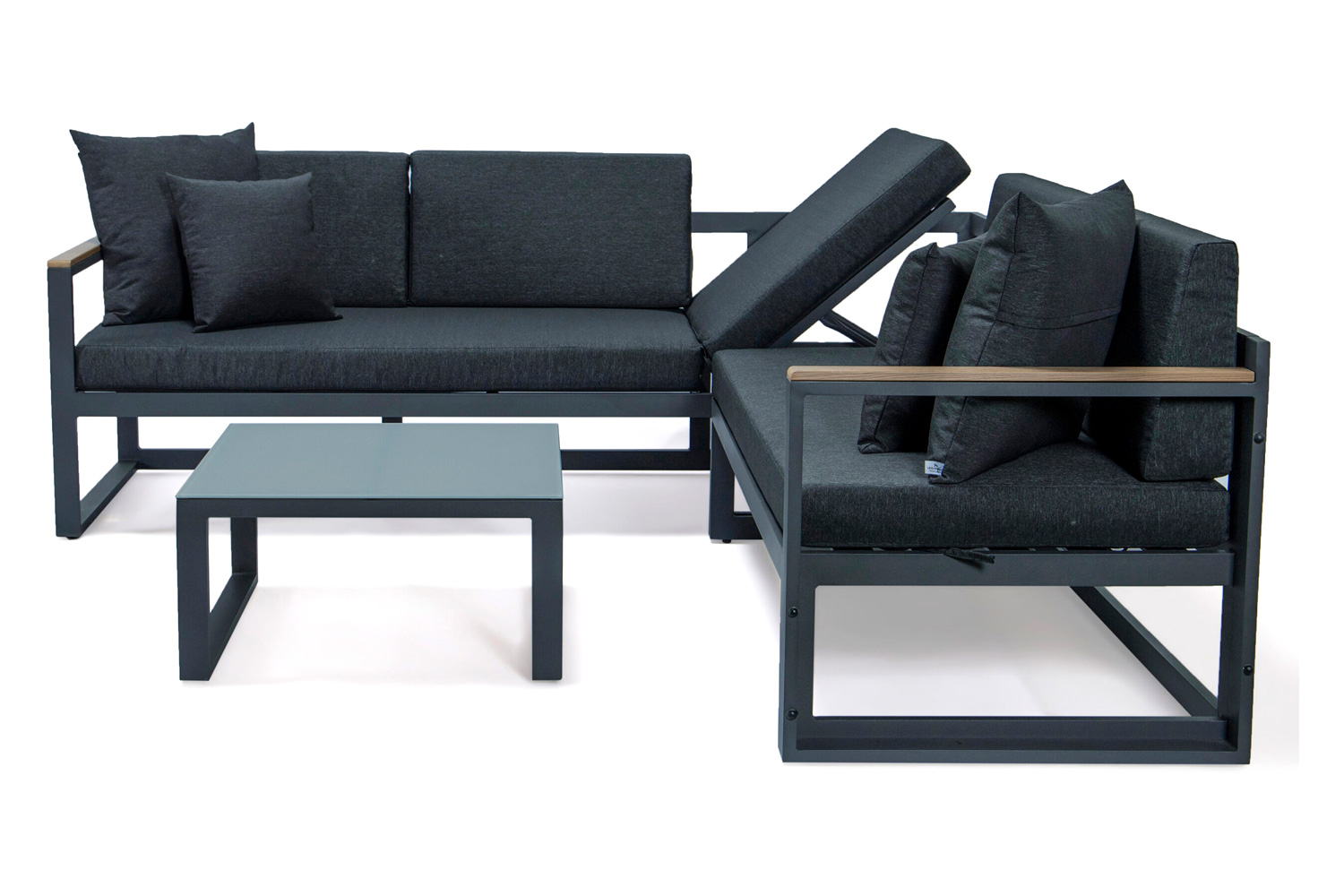 LeisureMod Chelsea Black Sectional with Adjustable Headrest and Coffee Table with Cushions - Black