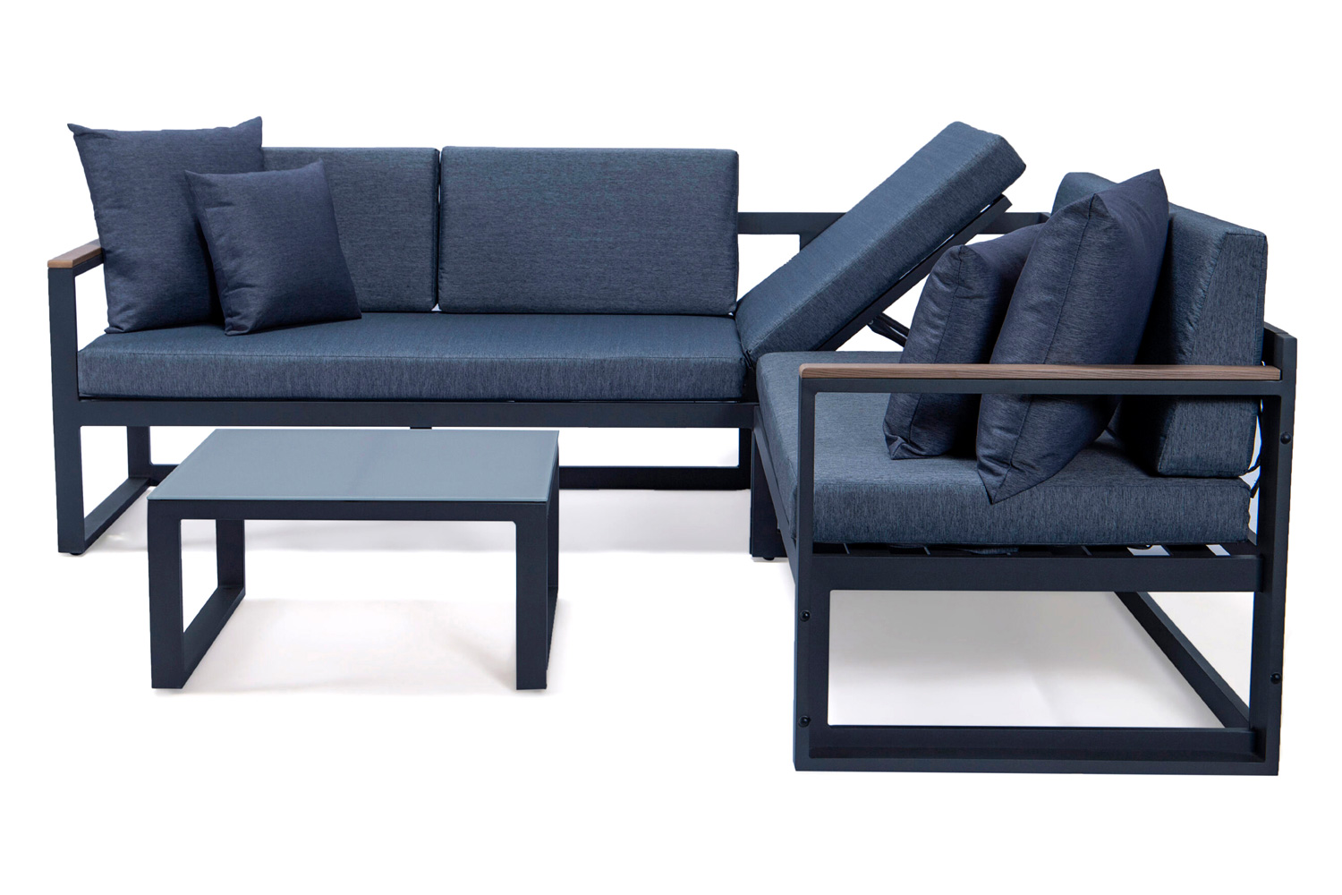 LeisureMod Chelsea Black Sectional with Adjustable Headrest and Coffee Table with Cushions - Blue