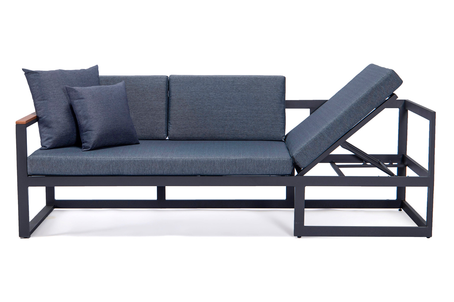 LeisureMod Chelsea Black Sectional with Adjustable Headrest and Coffee Table with Cushions - Blue