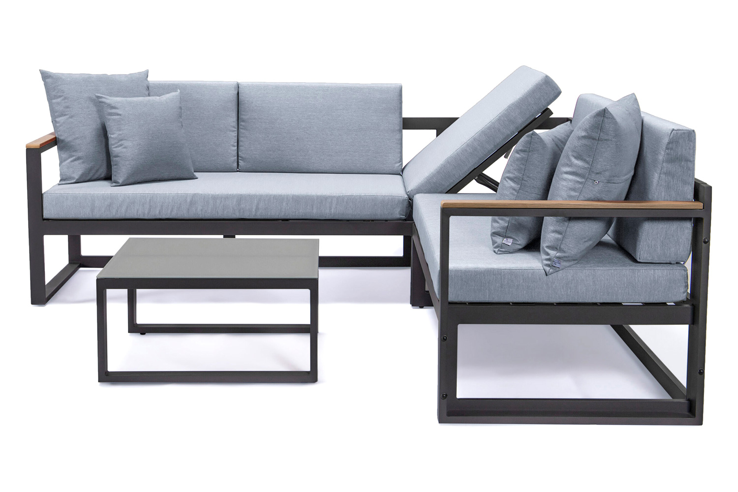 LeisureMod Chelsea Black Sectional with Adjustable Headrest and Coffee Table with Cushions - Light Gray