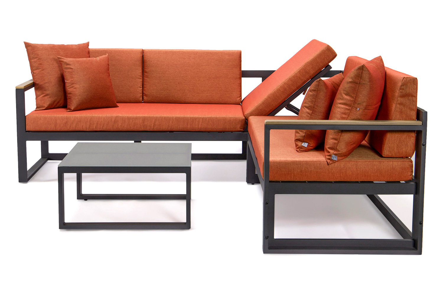 LeisureMod Chelsea Black Sectional with Adjustable Headrest and Coffee Table with Cushions - Orange