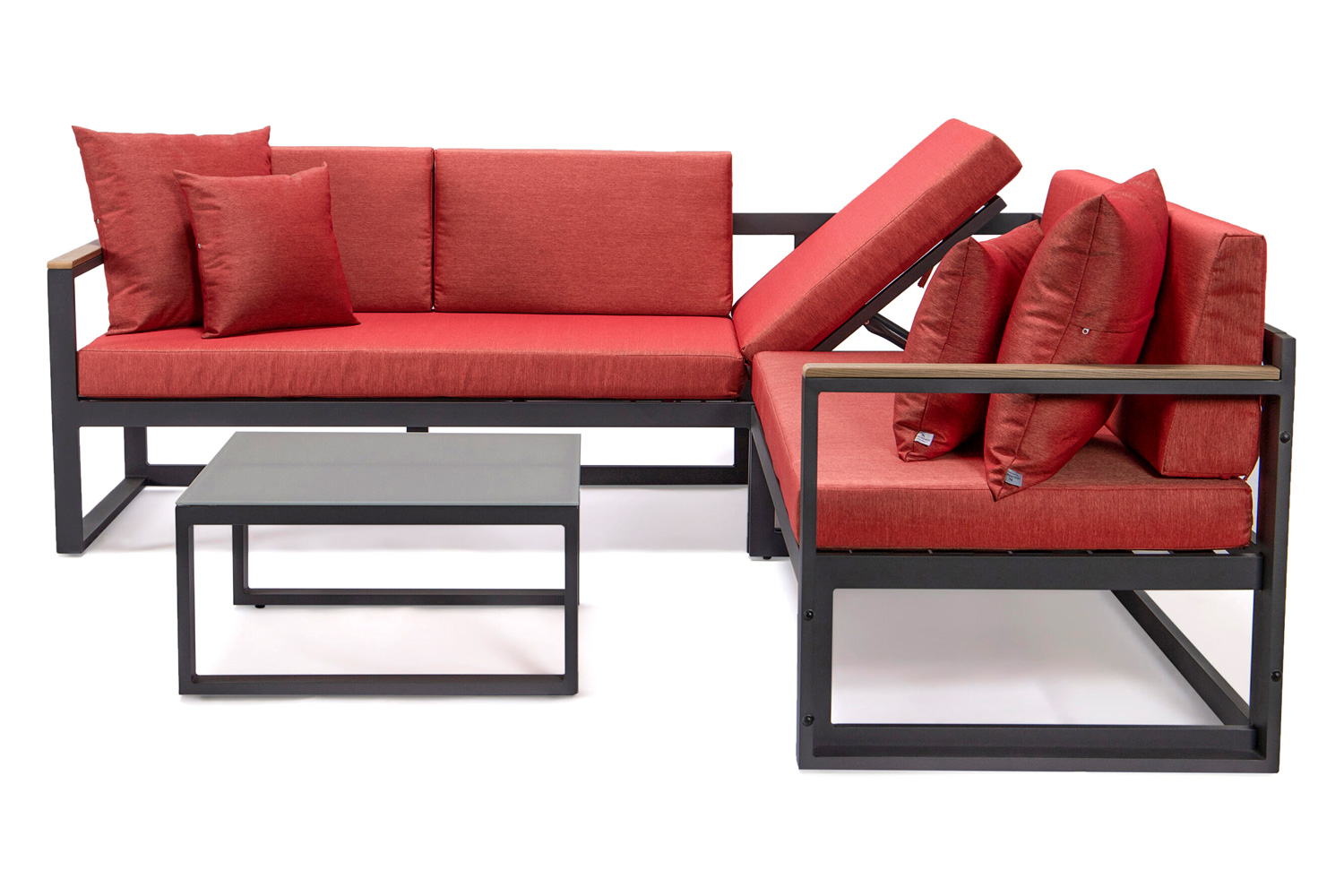 LeisureMod Chelsea Black Sectional with Adjustable Headrest and Coffee Table with Cushions - Red