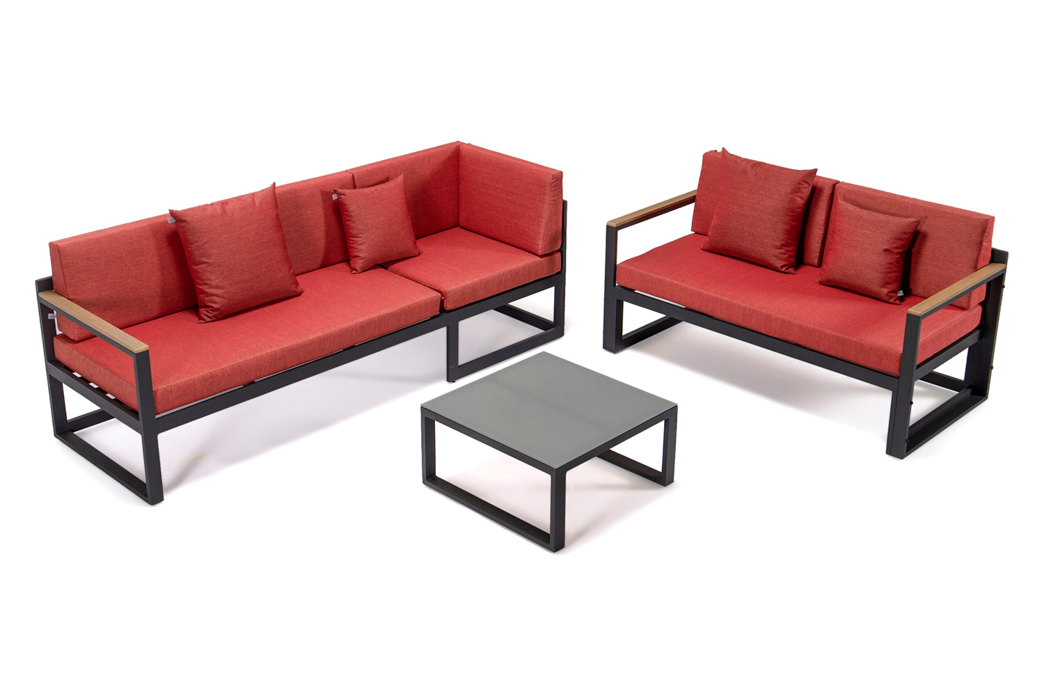 LeisureMod Chelsea Black Sectional with Adjustable Headrest and Coffee Table with Cushions - Red