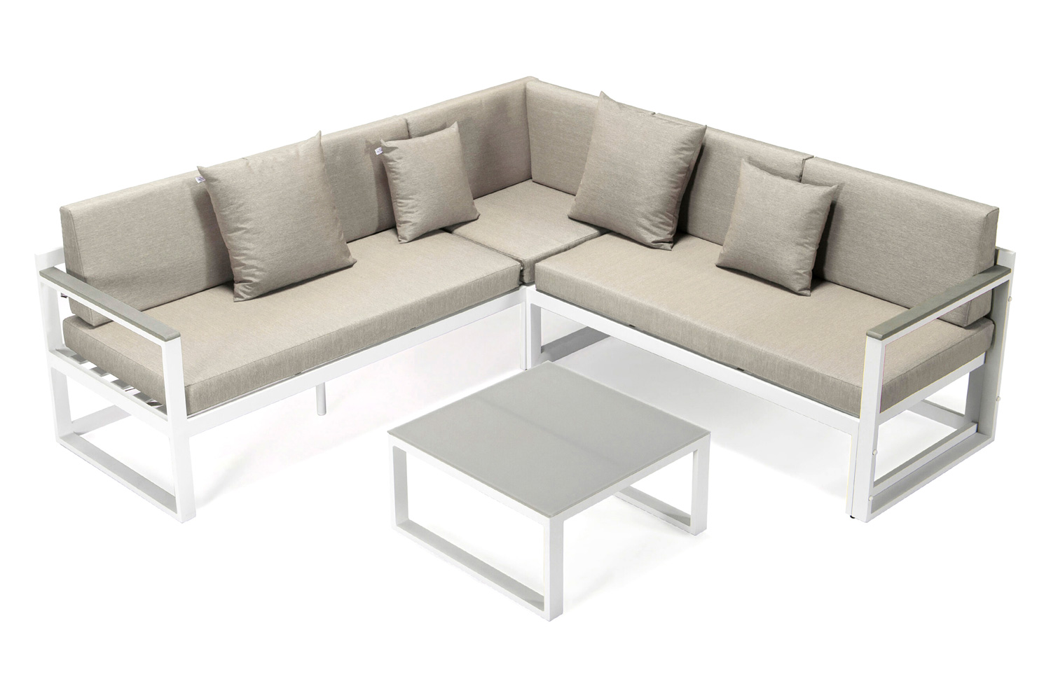 LeisureMod Chelsea White Sectional with Adjustable Headrest and Coffee Table with Cushions