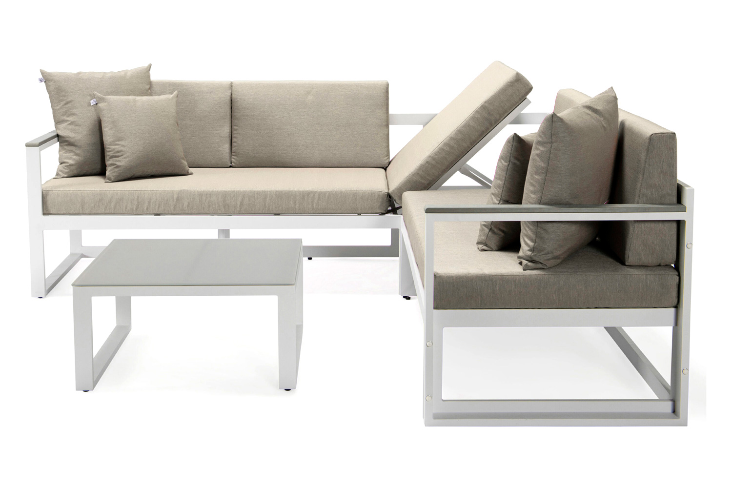 LeisureMod Chelsea White Sectional with Adjustable Headrest and Coffee Table with Cushions - Beige