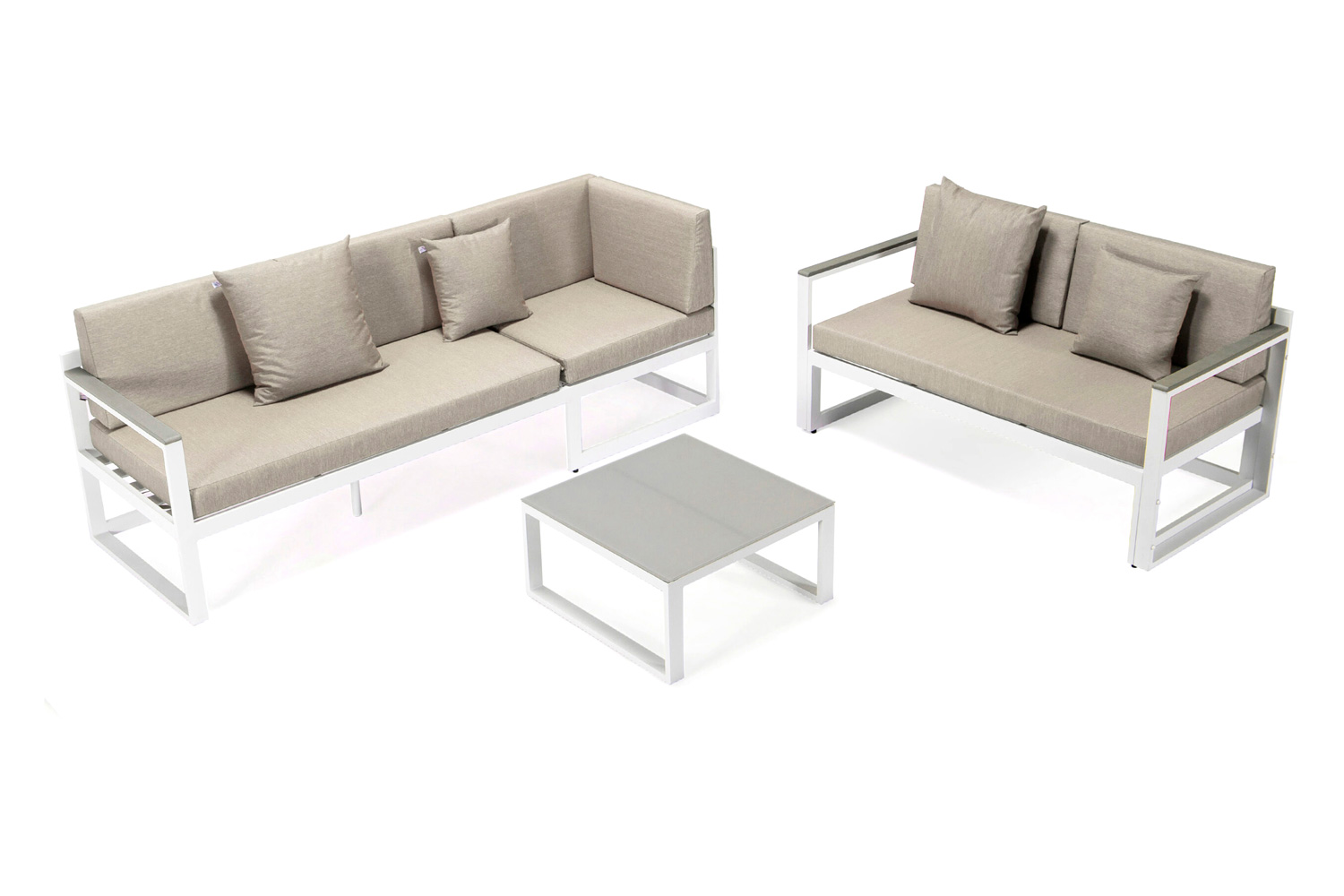 LeisureMod Chelsea White Sectional with Adjustable Headrest and Coffee Table with Cushions - Beige