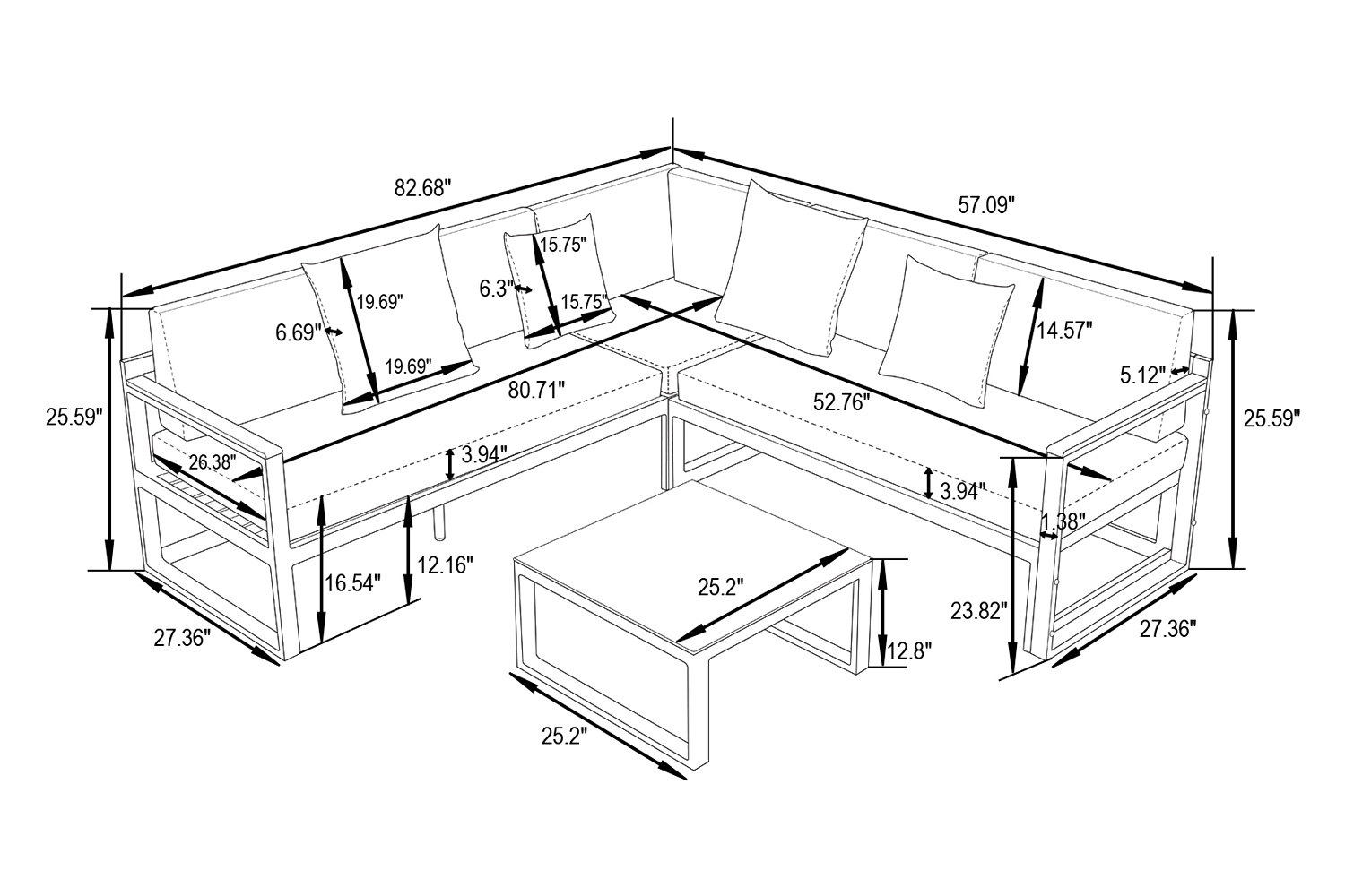 LeisureMod Chelsea White Sectional with Adjustable Headrest and Coffee Table with Cushions - Black