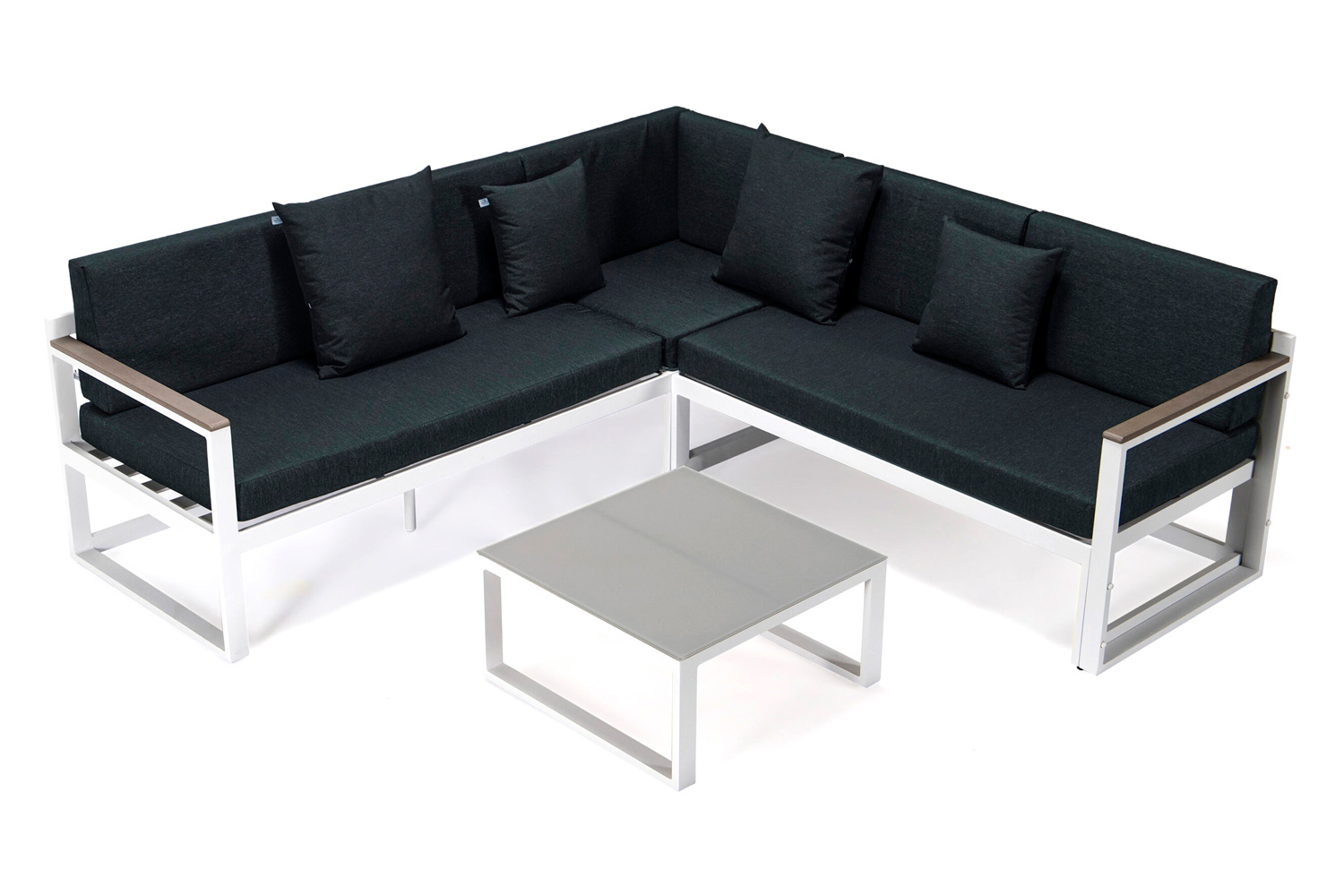 LeisureMod Chelsea White Sectional with Adjustable Headrest and Coffee Table with Cushions