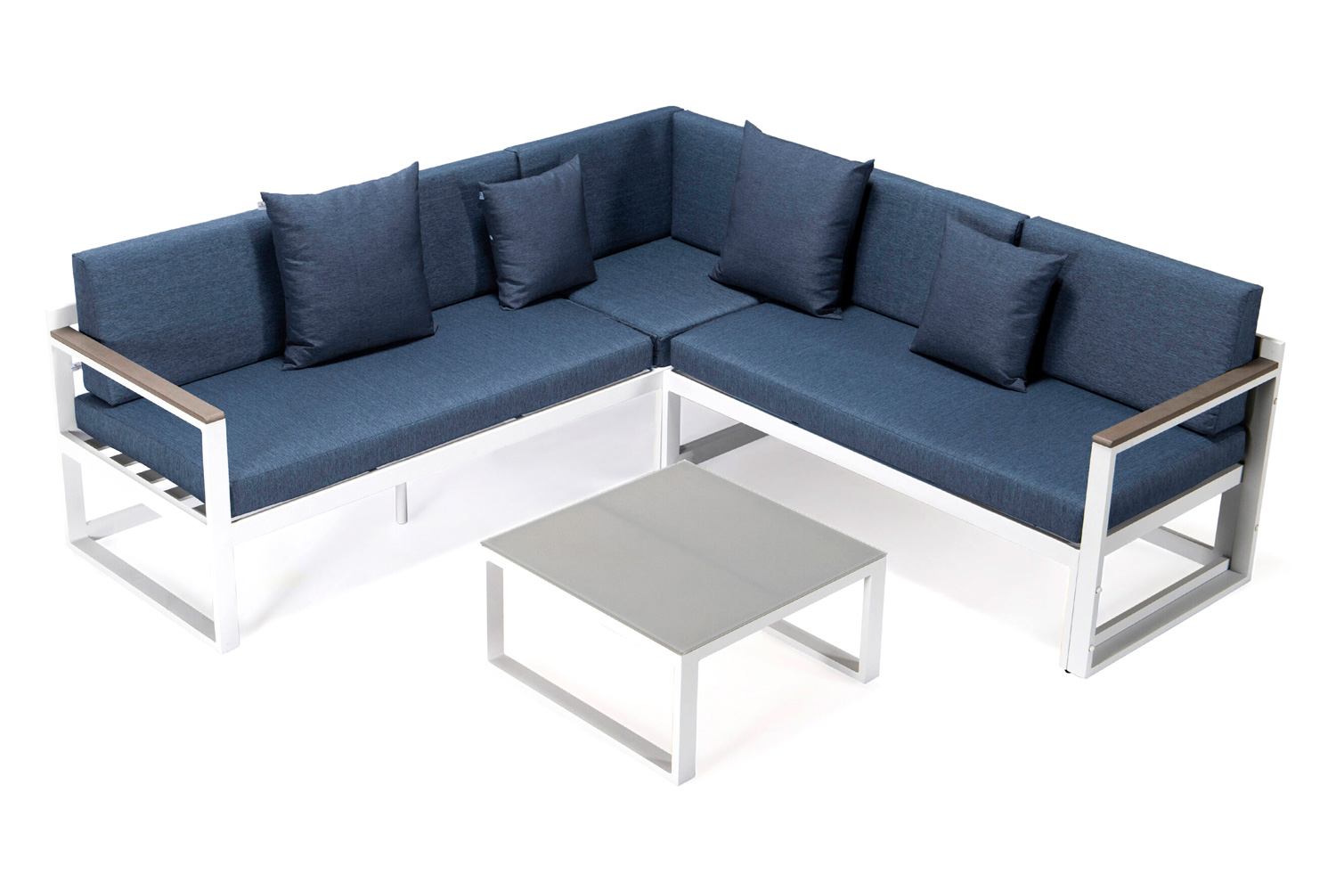 LeisureMod Chelsea White Sectional with Adjustable Headrest and Coffee Table with Cushions