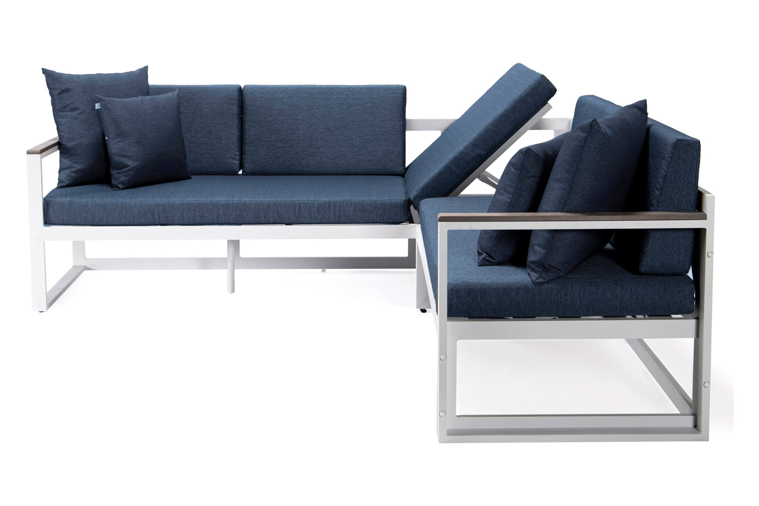 LeisureMod Chelsea White Sectional with Adjustable Headrest and Coffee Table with Cushions - Blue