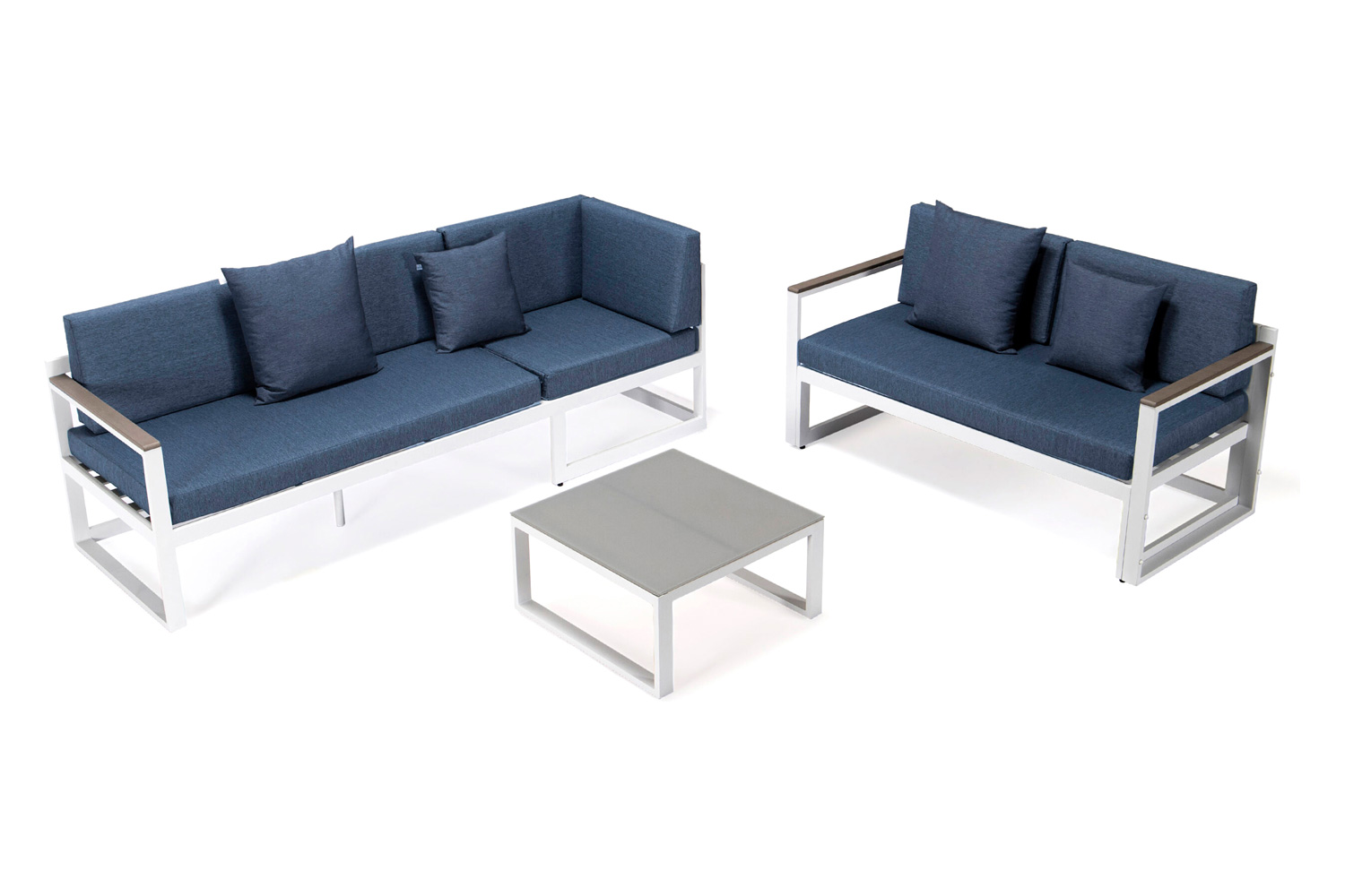 LeisureMod Chelsea White Sectional with Adjustable Headrest and Coffee Table with Cushions - Blue