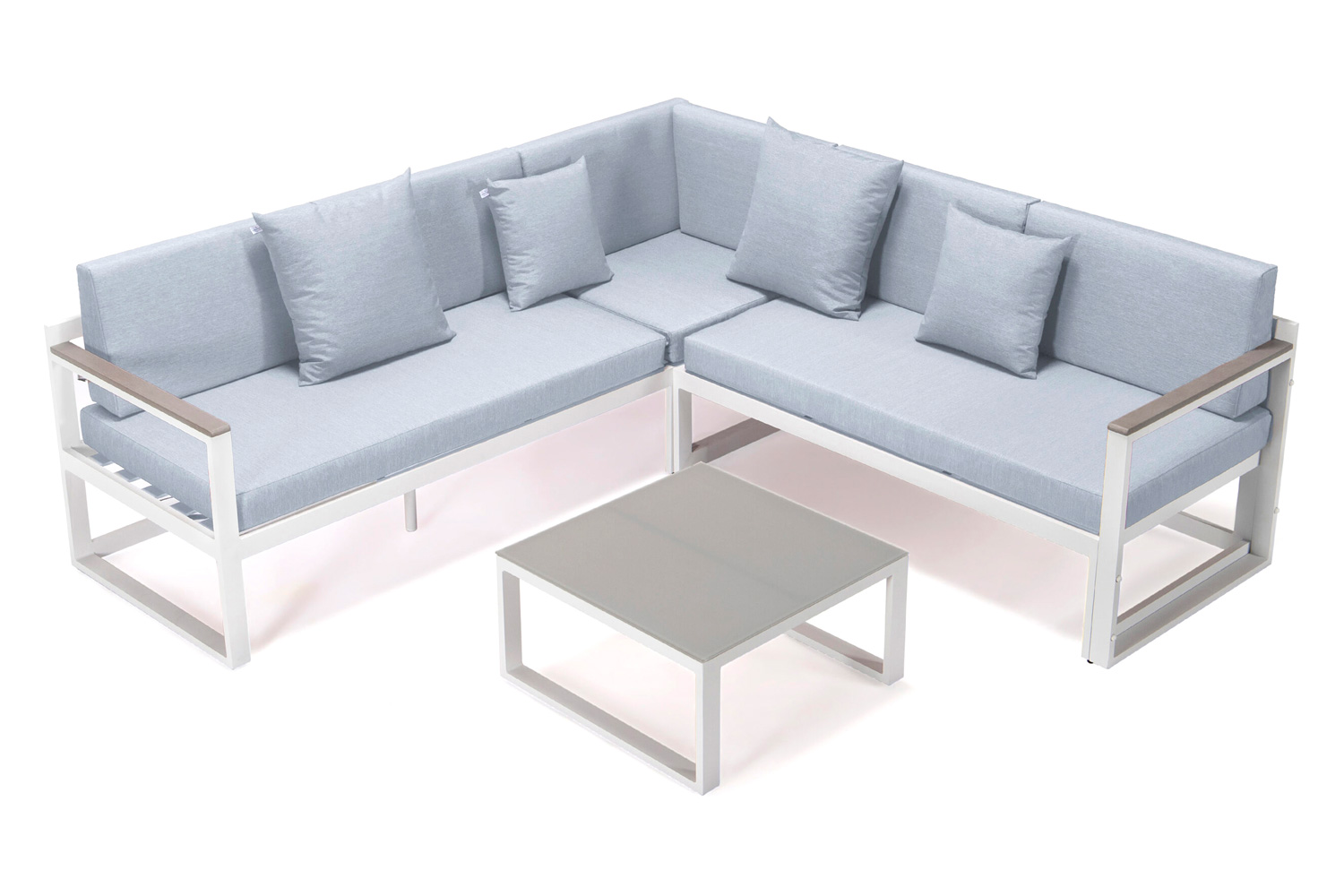 LeisureMod Chelsea White Sectional with Adjustable Headrest and Coffee Table with Cushions