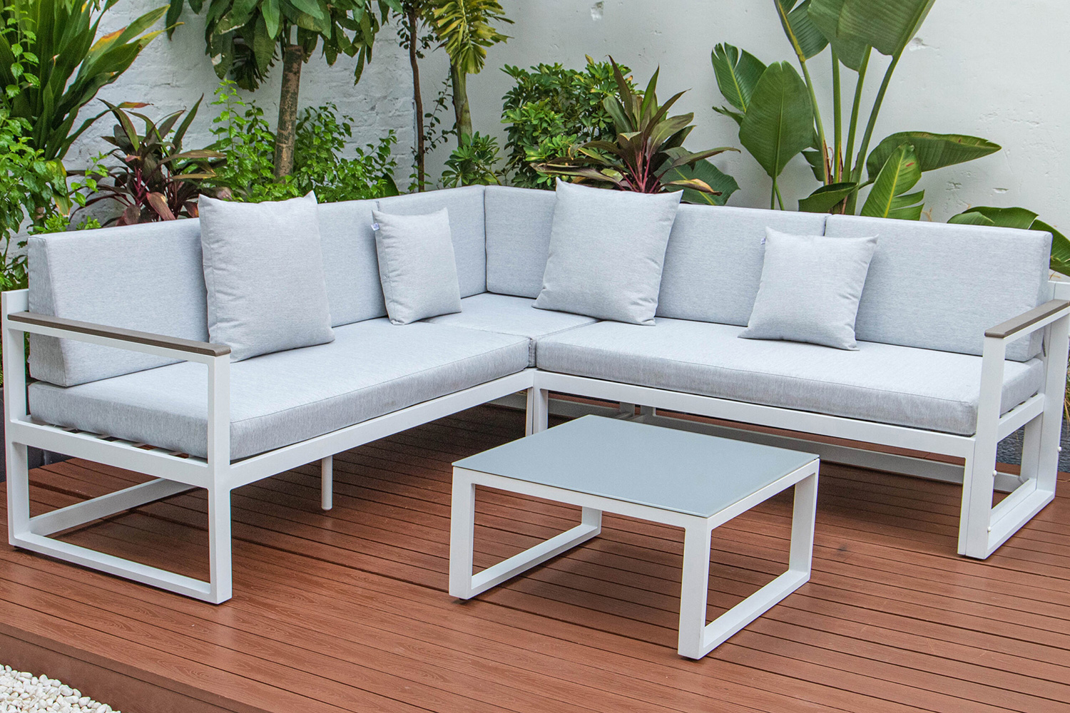 LeisureMod Chelsea White Sectional with Adjustable Headrest and Coffee Table with Cushions - Light Gray