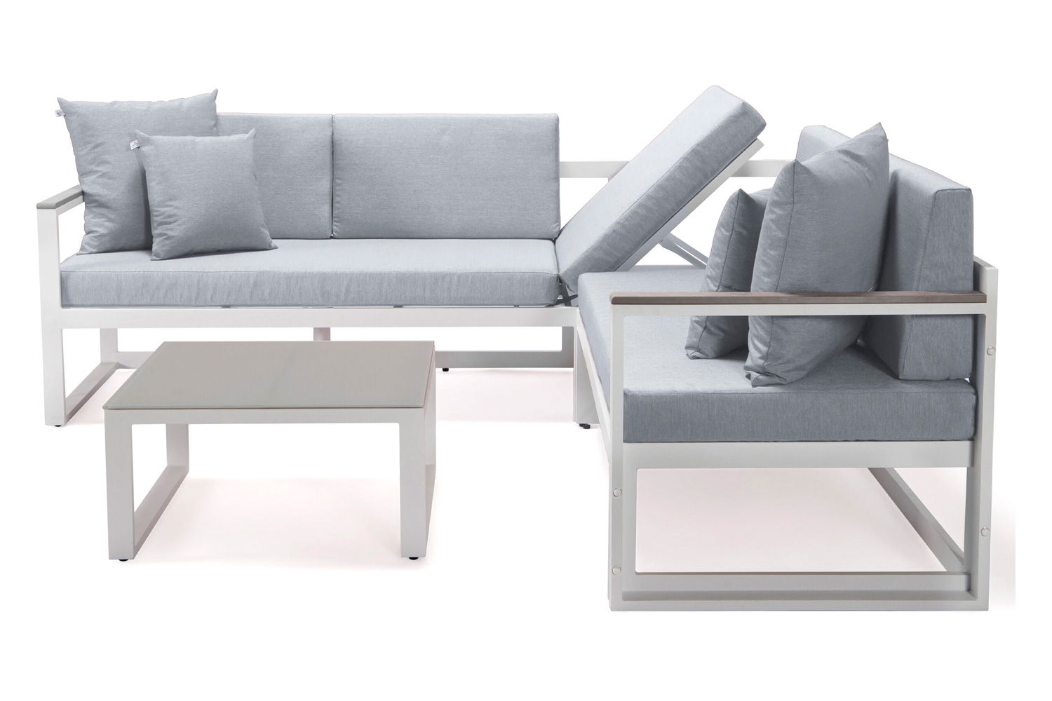 LeisureMod Chelsea White Sectional with Adjustable Headrest and Coffee Table with Cushions - Light Gray