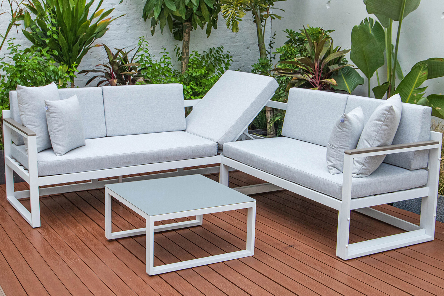 LeisureMod Chelsea White Sectional with Adjustable Headrest and Coffee Table with Cushions - Light Gray