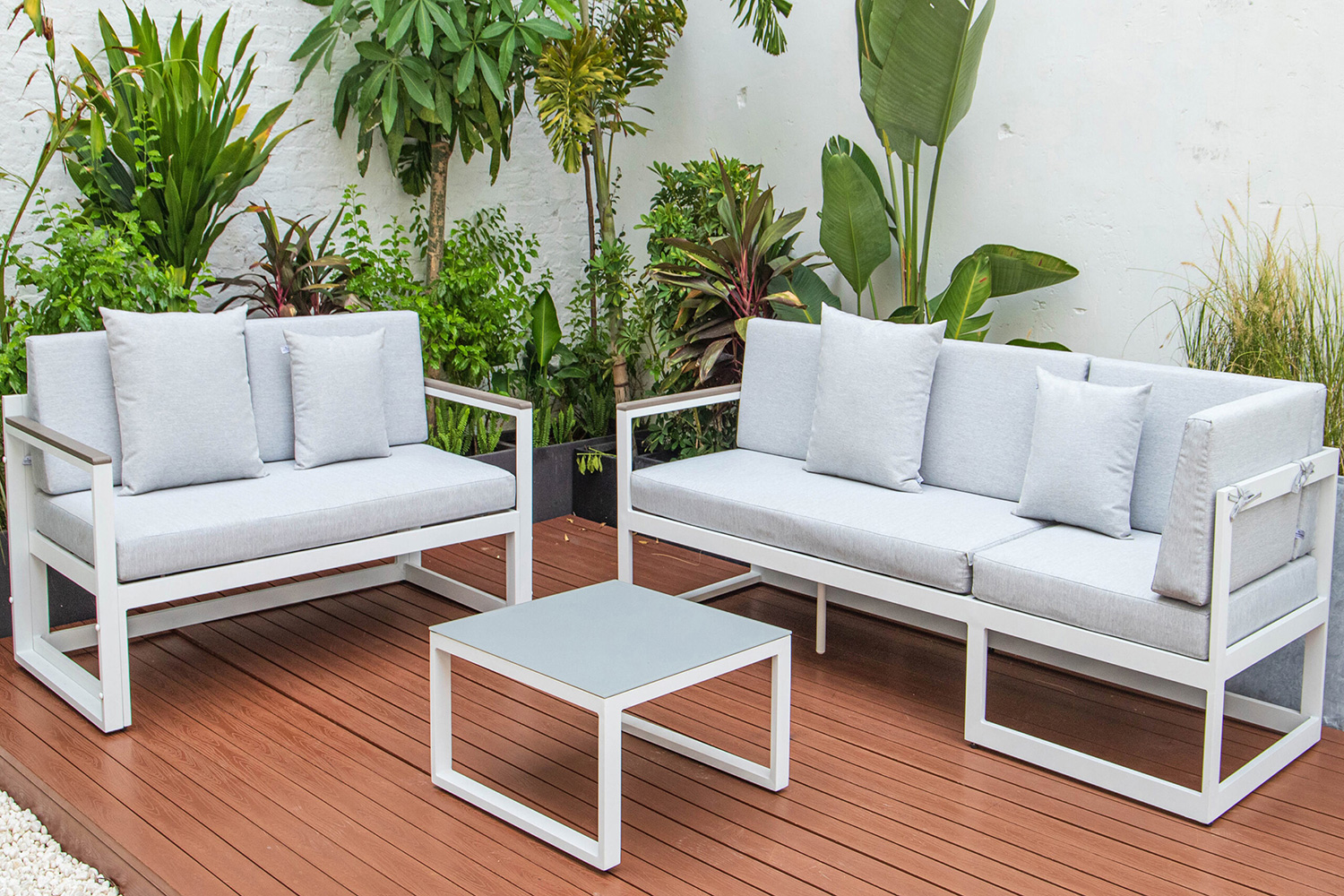 LeisureMod Chelsea White Sectional with Adjustable Headrest and Coffee Table with Cushions - Light Gray