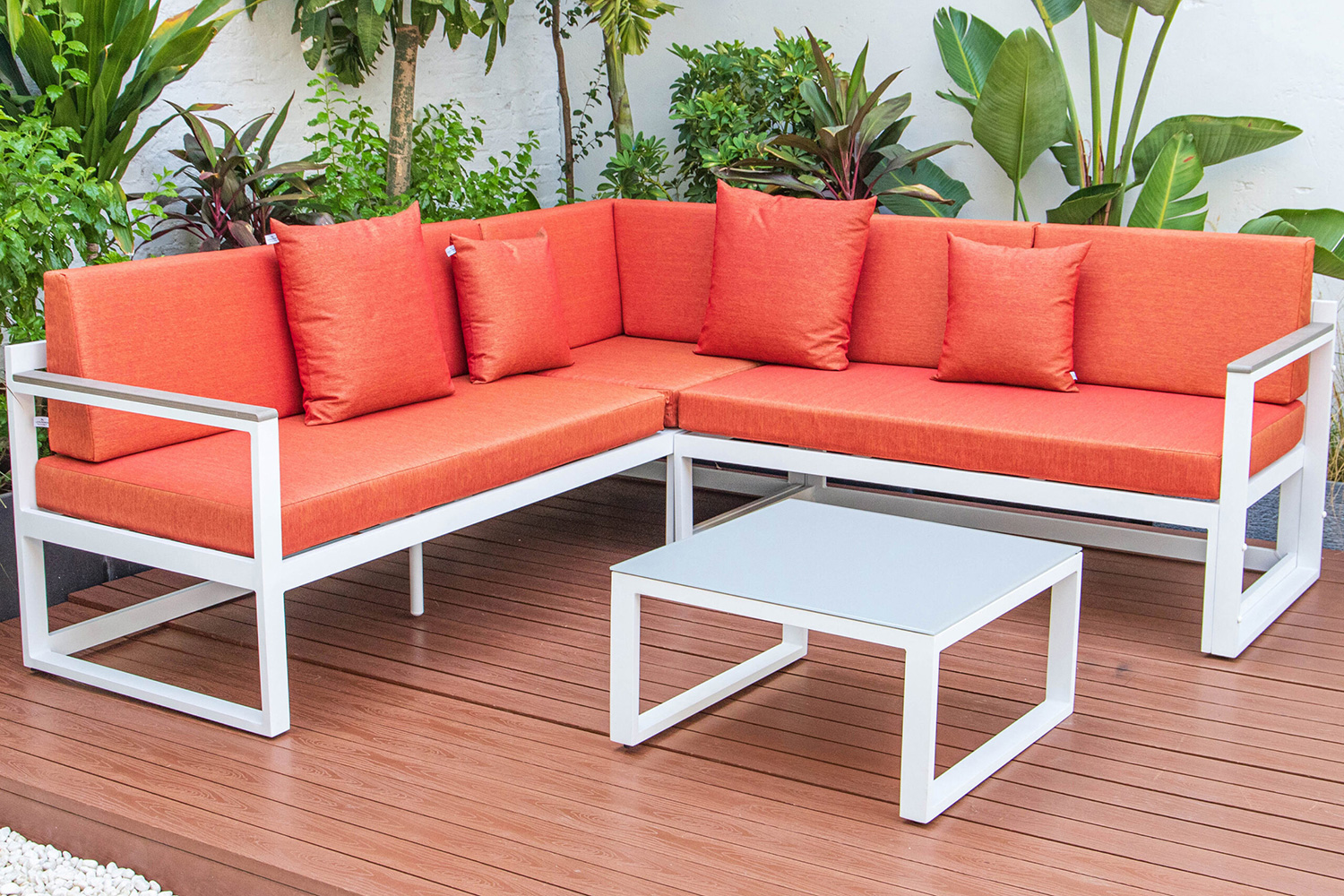 LeisureMod Chelsea White Sectional with Adjustable Headrest and Coffee Table with Cushions - Orange