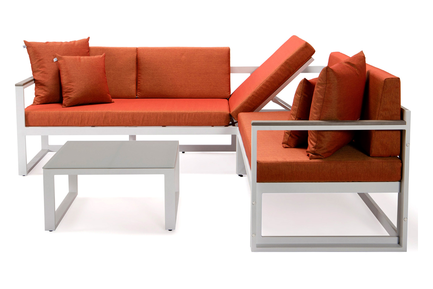 LeisureMod Chelsea White Sectional with Adjustable Headrest and Coffee Table with Cushions - Orange