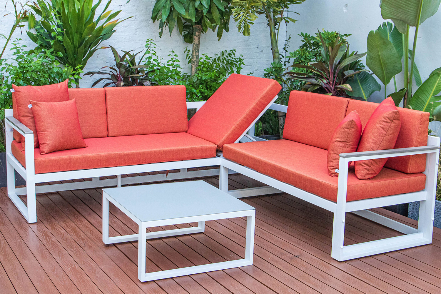 LeisureMod Chelsea White Sectional with Adjustable Headrest and Coffee Table with Cushions - Orange