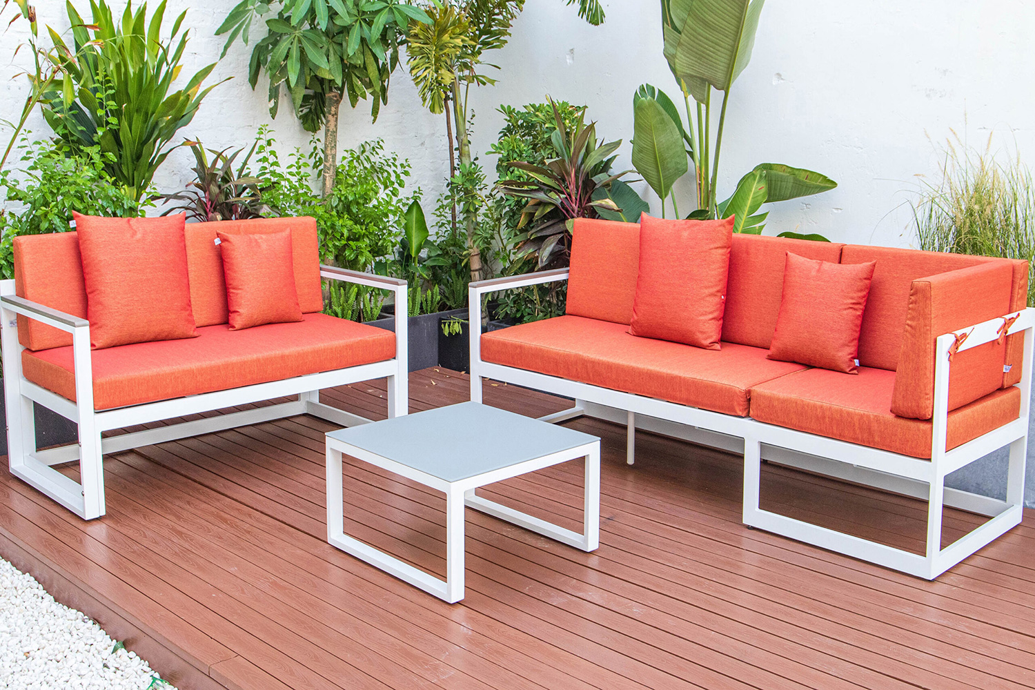 LeisureMod Chelsea White Sectional with Adjustable Headrest and Coffee Table with Cushions - Orange