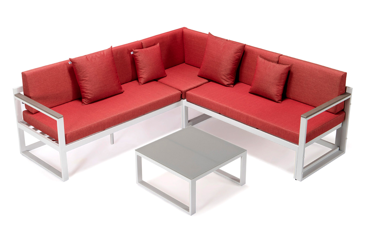 LeisureMod Chelsea White Sectional with Adjustable Headrest and Coffee Table with Cushions