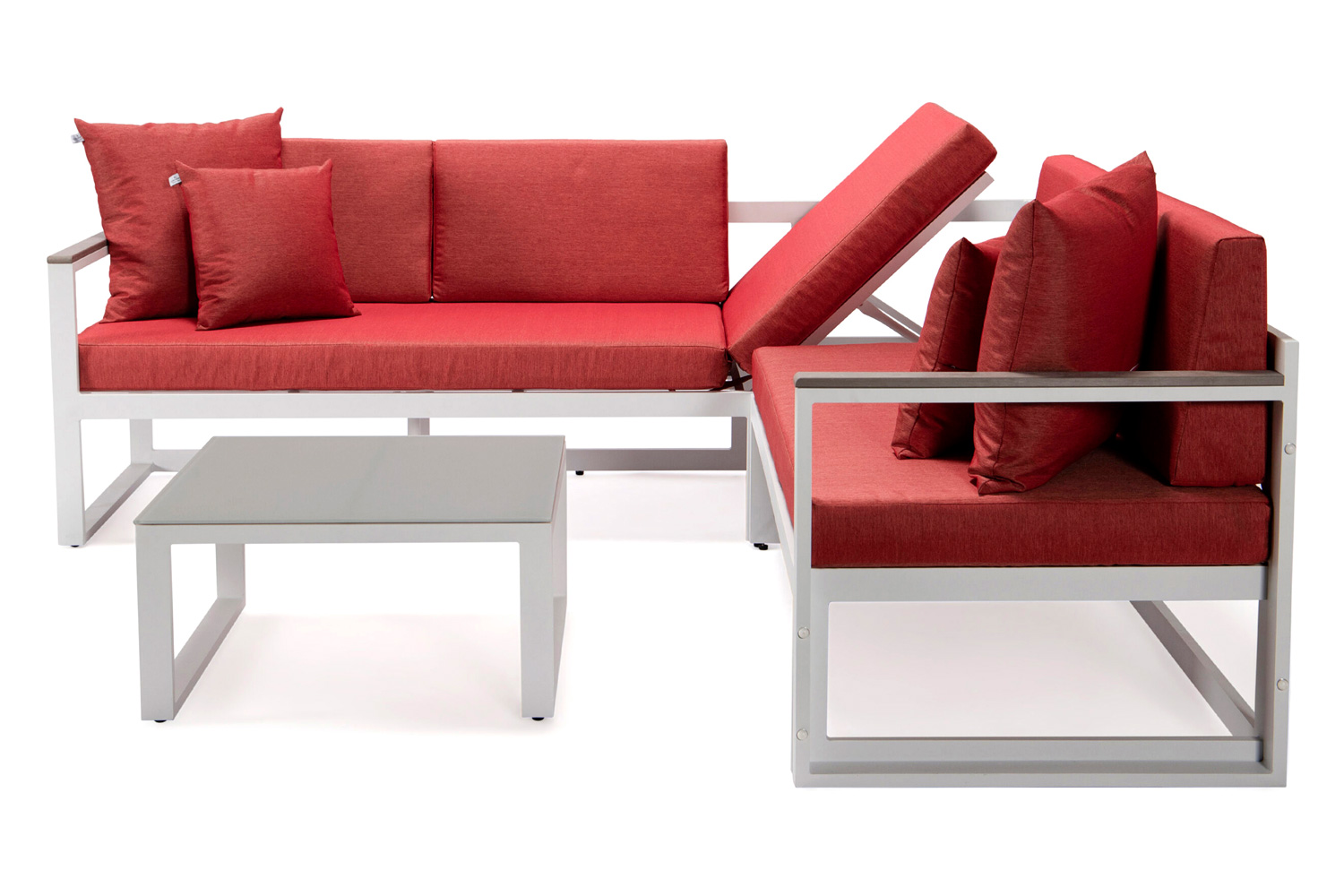 LeisureMod Chelsea White Sectional with Adjustable Headrest and Coffee Table with Cushions - Red