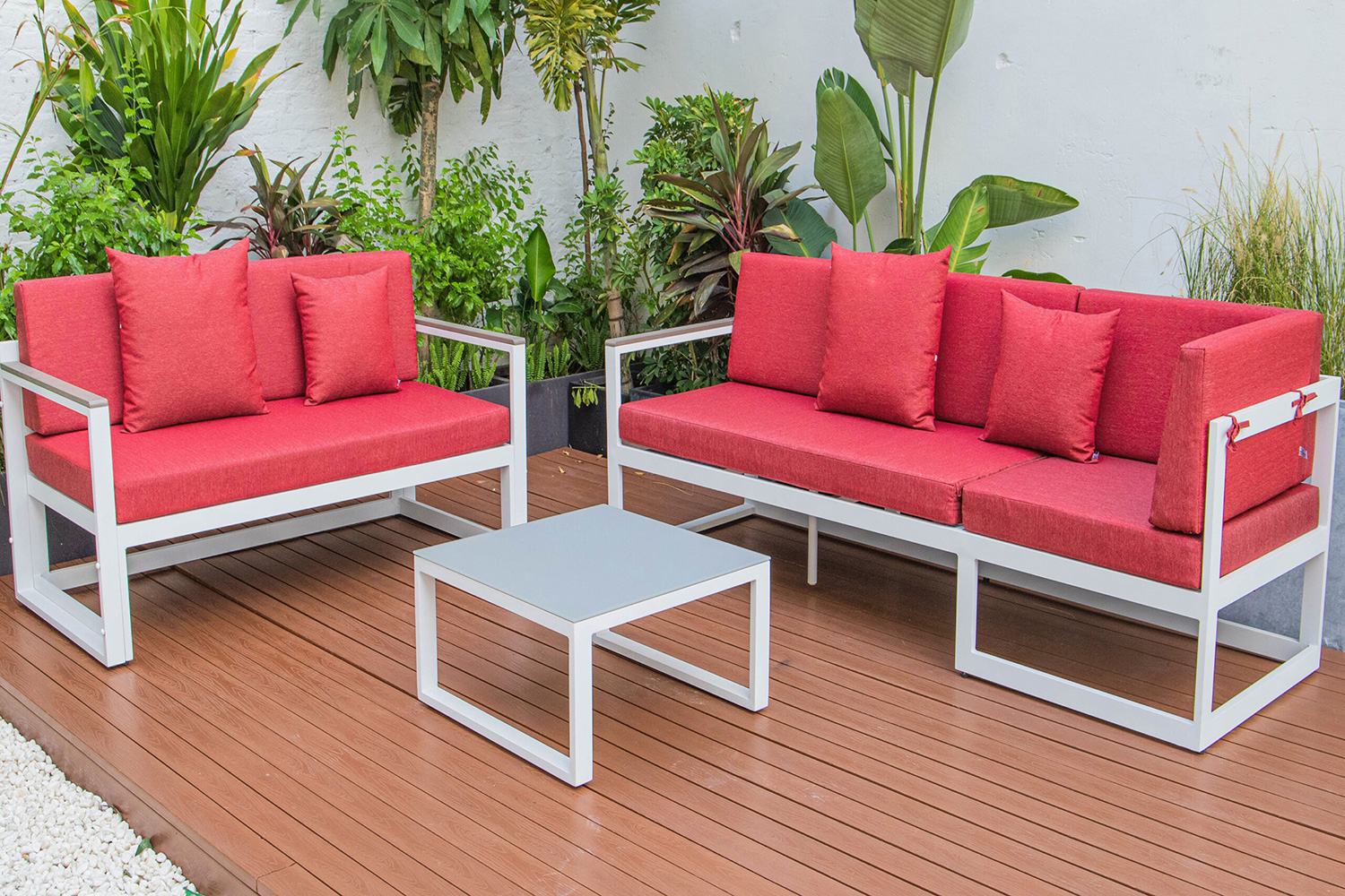 LeisureMod Chelsea White Sectional with Adjustable Headrest and Coffee Table with Cushions - Red