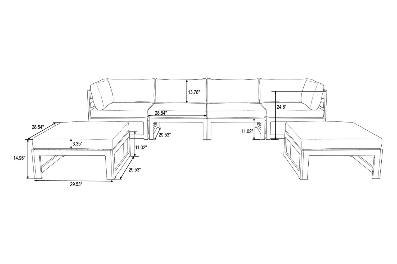 LeisureMod Chelsea 6-Piece Patio Ottoman Sectional Black Aluminum with Cushions - Black