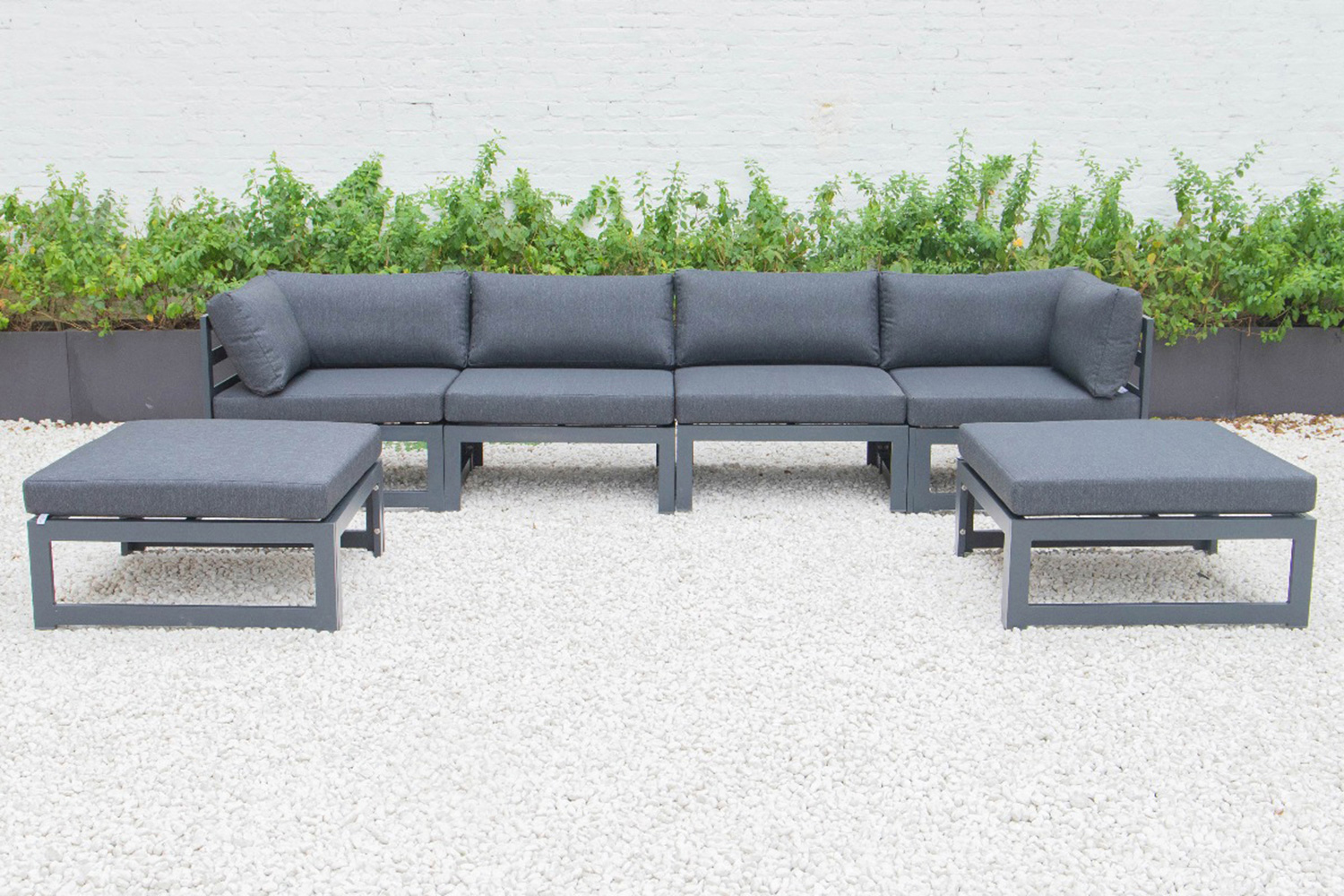 LeisureMod Chelsea 6-Piece Patio Ottoman Sectional Black Aluminum with Cushions