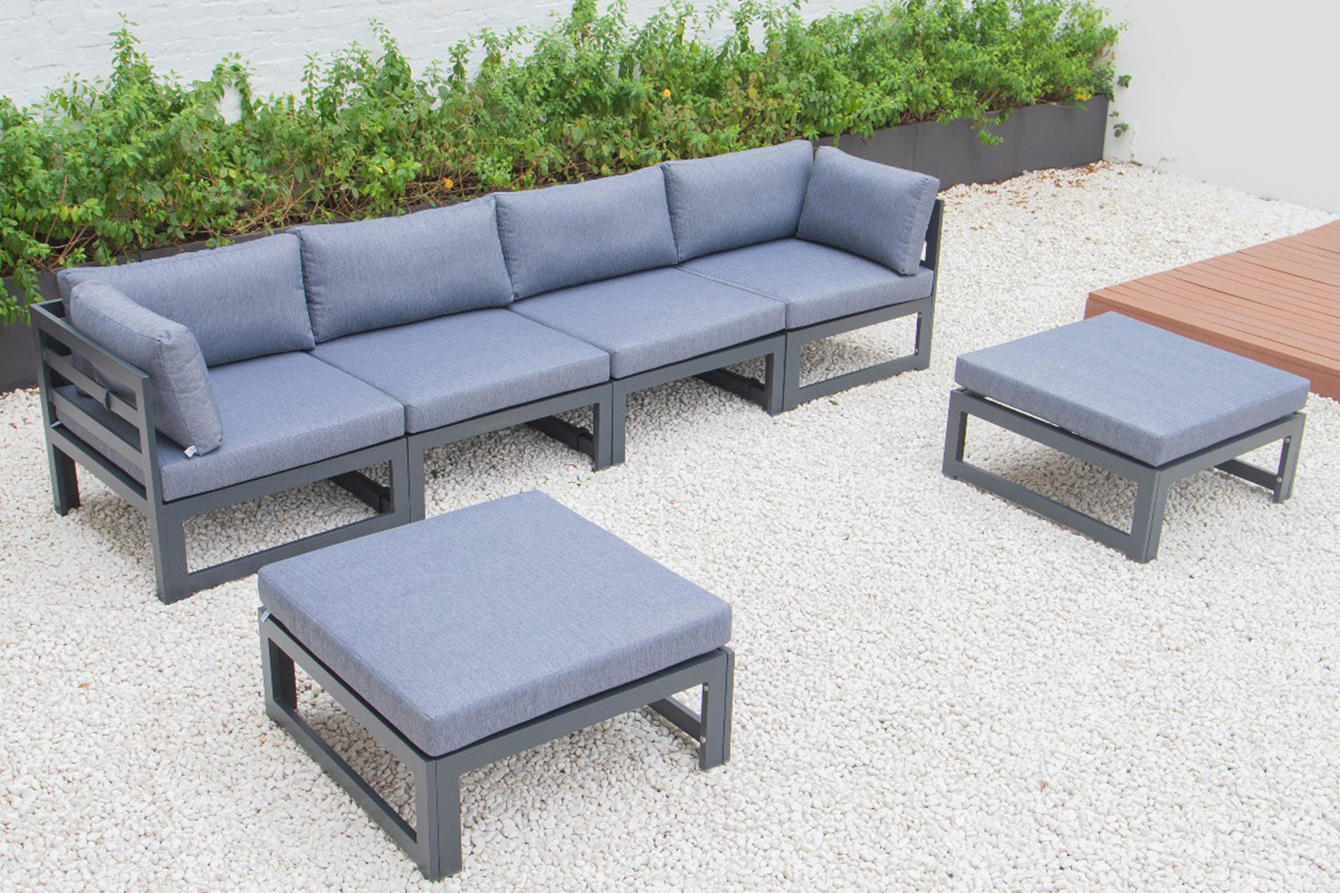 LeisureMod Chelsea 6-Piece Patio Ottoman Sectional Black Aluminum with Cushions - Blue