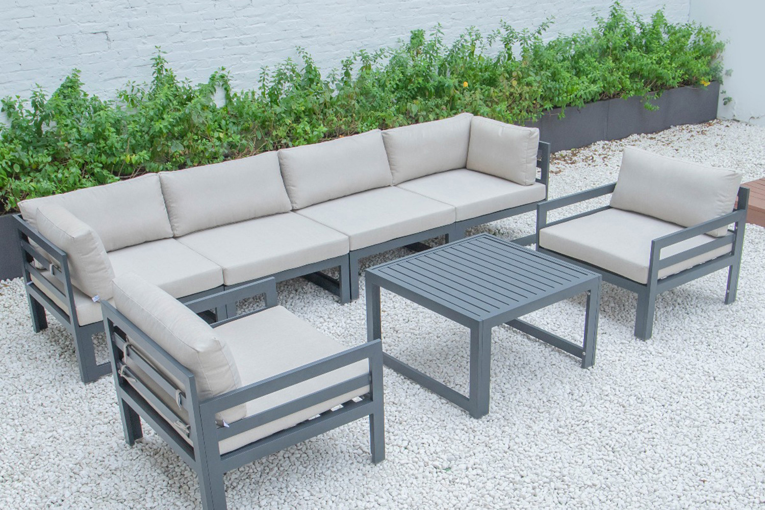 LeisureMod Chelsea 7-Piece Patio Sectional with 2 Arm Chairs and Coffee Table Set Black Aluminum with Cushions