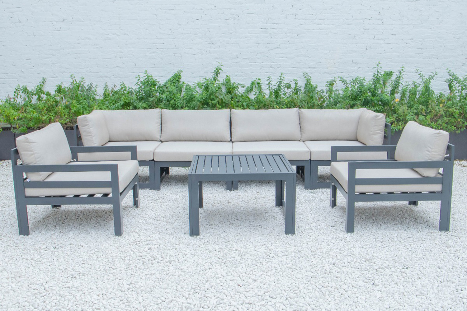 LeisureMod Chelsea 7-Piece Patio Sectional with 2 Arm Chairs and Coffee Table Set Black Aluminum with Cushions - Beige