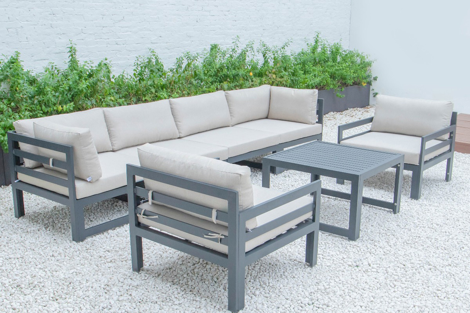 LeisureMod Chelsea 7-Piece Patio Sectional with 2 Arm Chairs and Coffee Table Set Black Aluminum with Cushions - Beige