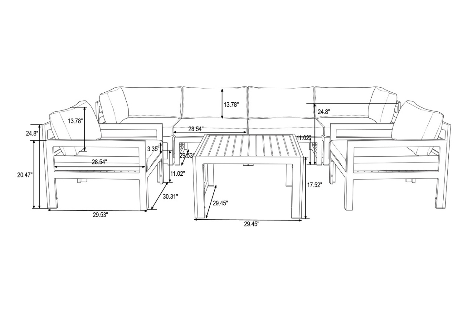 LeisureMod Chelsea 7-Piece Patio Sectional with 2 Arm Chairs and Coffee Table Set Black Aluminum with Cushions - Black