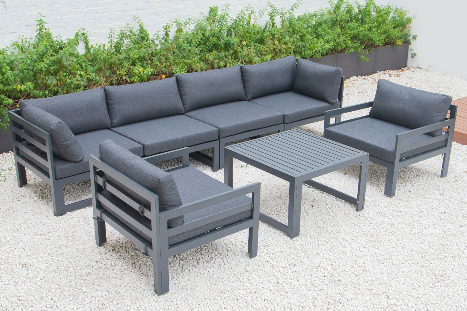 LeisureMod Chelsea 7-Piece Patio Sectional with 2 Arm Chairs and Coffee Table Set Black Aluminum with Cushions