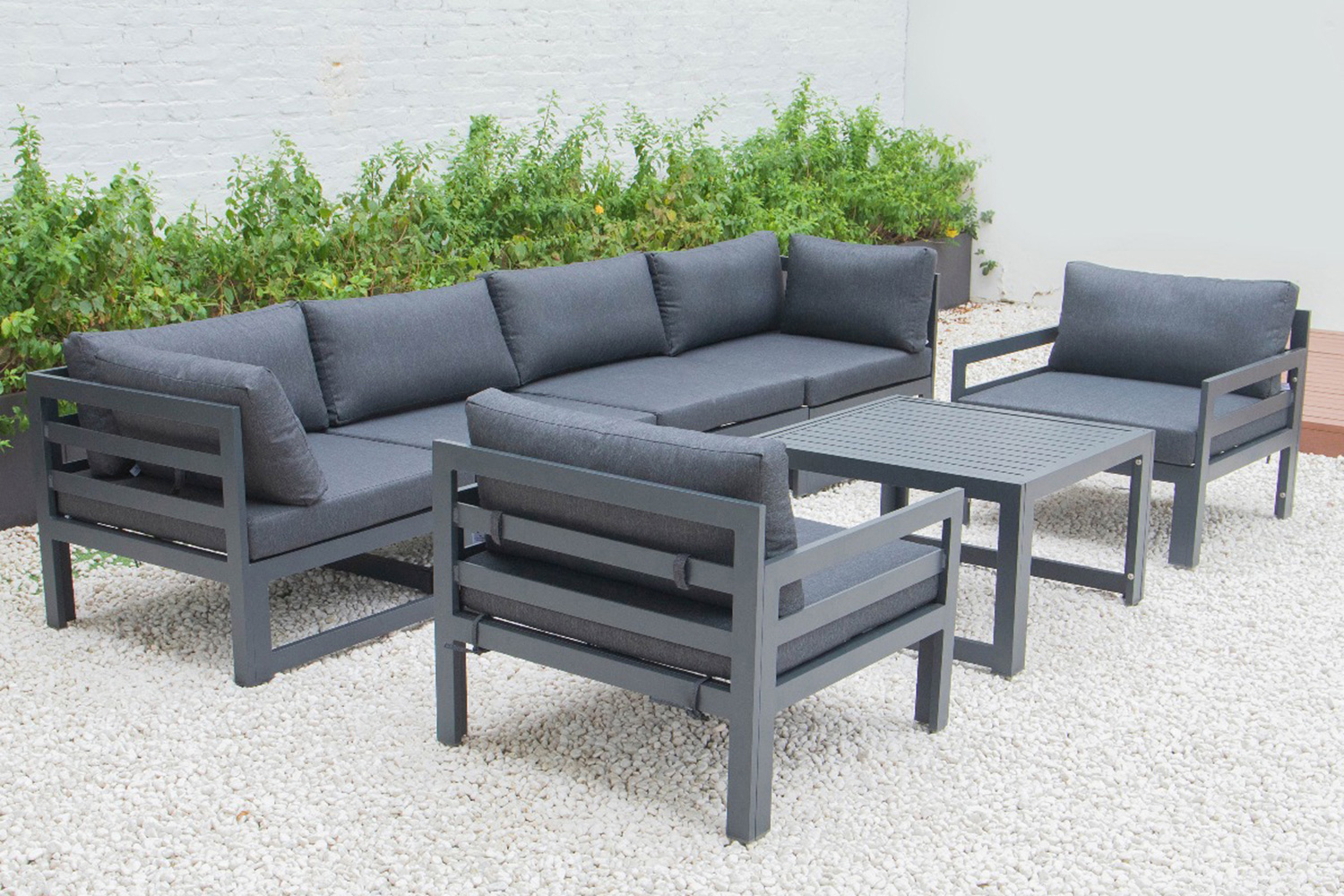 LeisureMod Chelsea 7-Piece Patio Sectional with 2 Arm Chairs and Coffee Table Set Black Aluminum with Cushions - Black