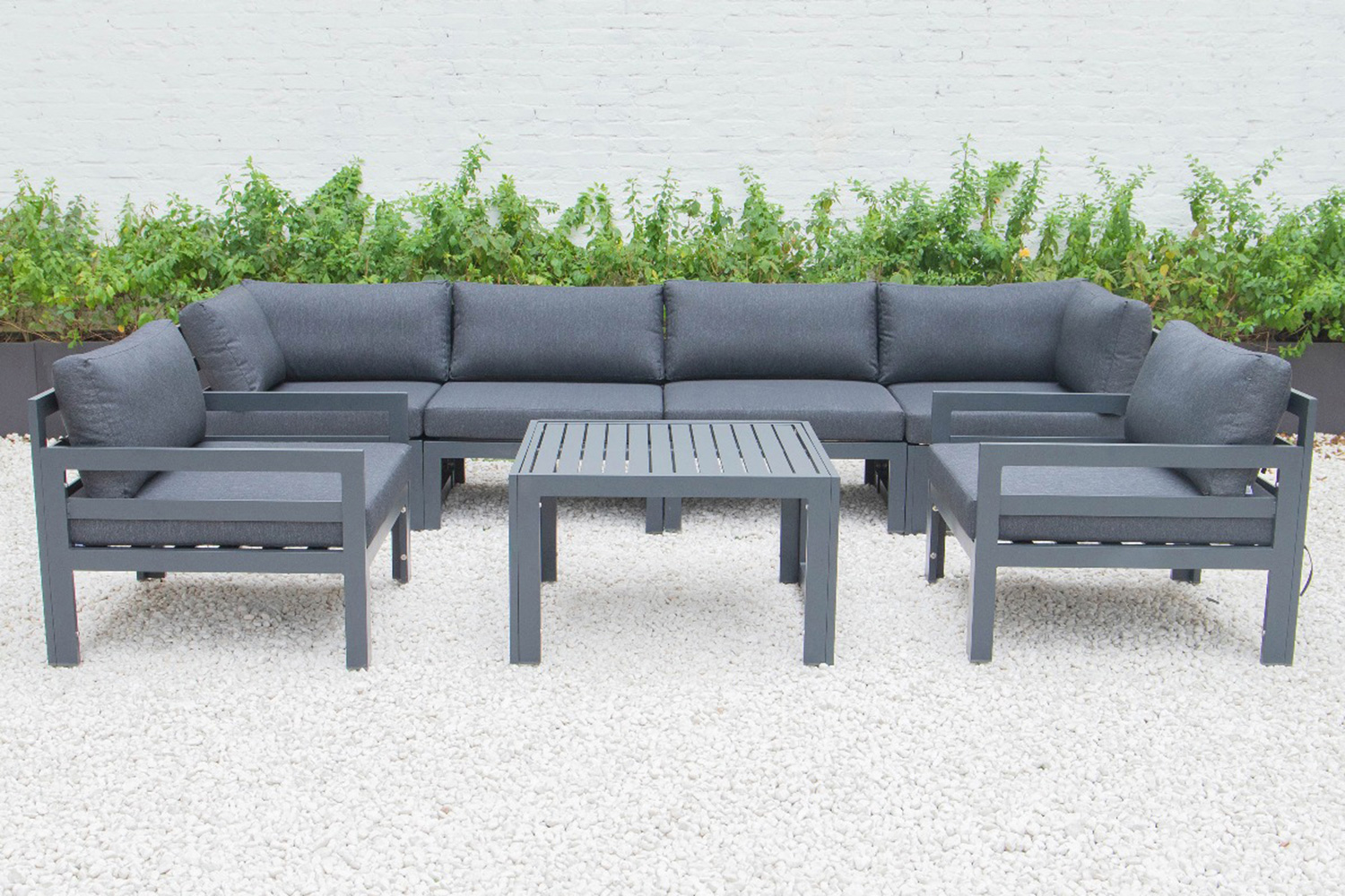 LeisureMod Chelsea 7-Piece Patio Sectional with 2 Arm Chairs and Coffee Table Set Black Aluminum with Cushions - Black