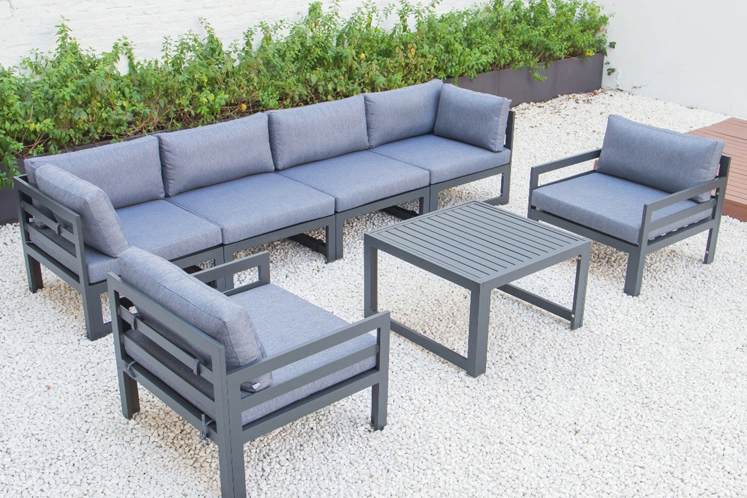 LeisureMod Chelsea 7-Piece Patio Sectional with 2 Arm Chairs and Coffee Table Set Black Aluminum with Cushions