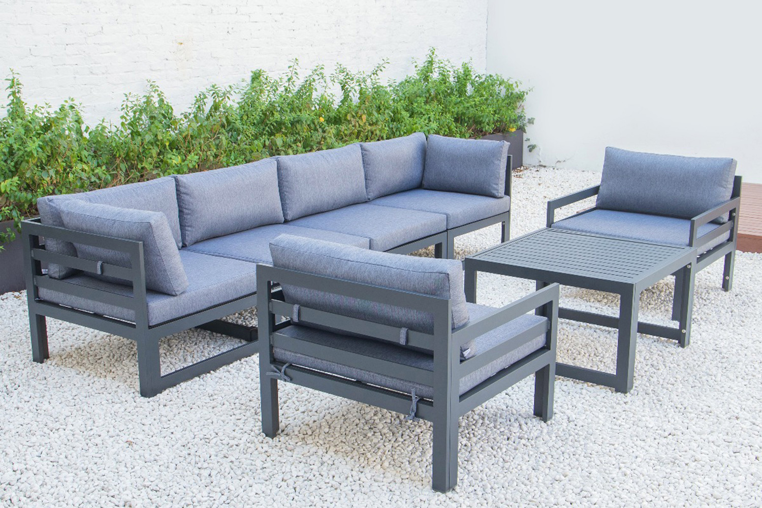 LeisureMod Chelsea 7-Piece Patio Sectional with 2 Arm Chairs and Coffee Table Set Black Aluminum with Cushions - Blue