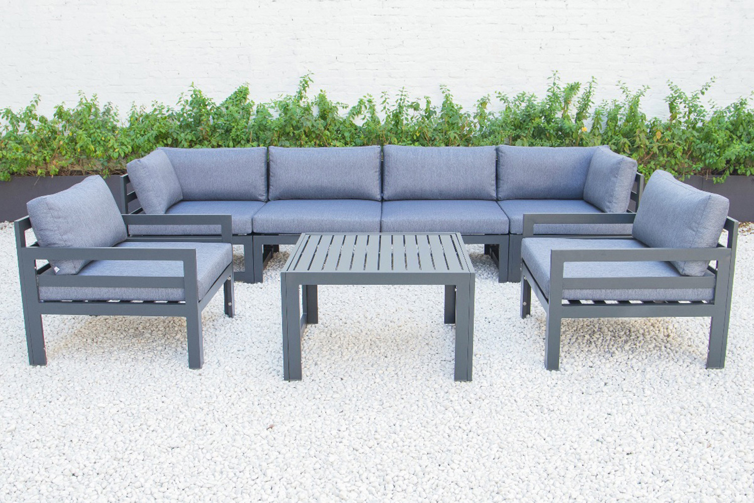 LeisureMod Chelsea 7-Piece Patio Sectional with 2 Arm Chairs and Coffee Table Set Black Aluminum with Cushions - Blue