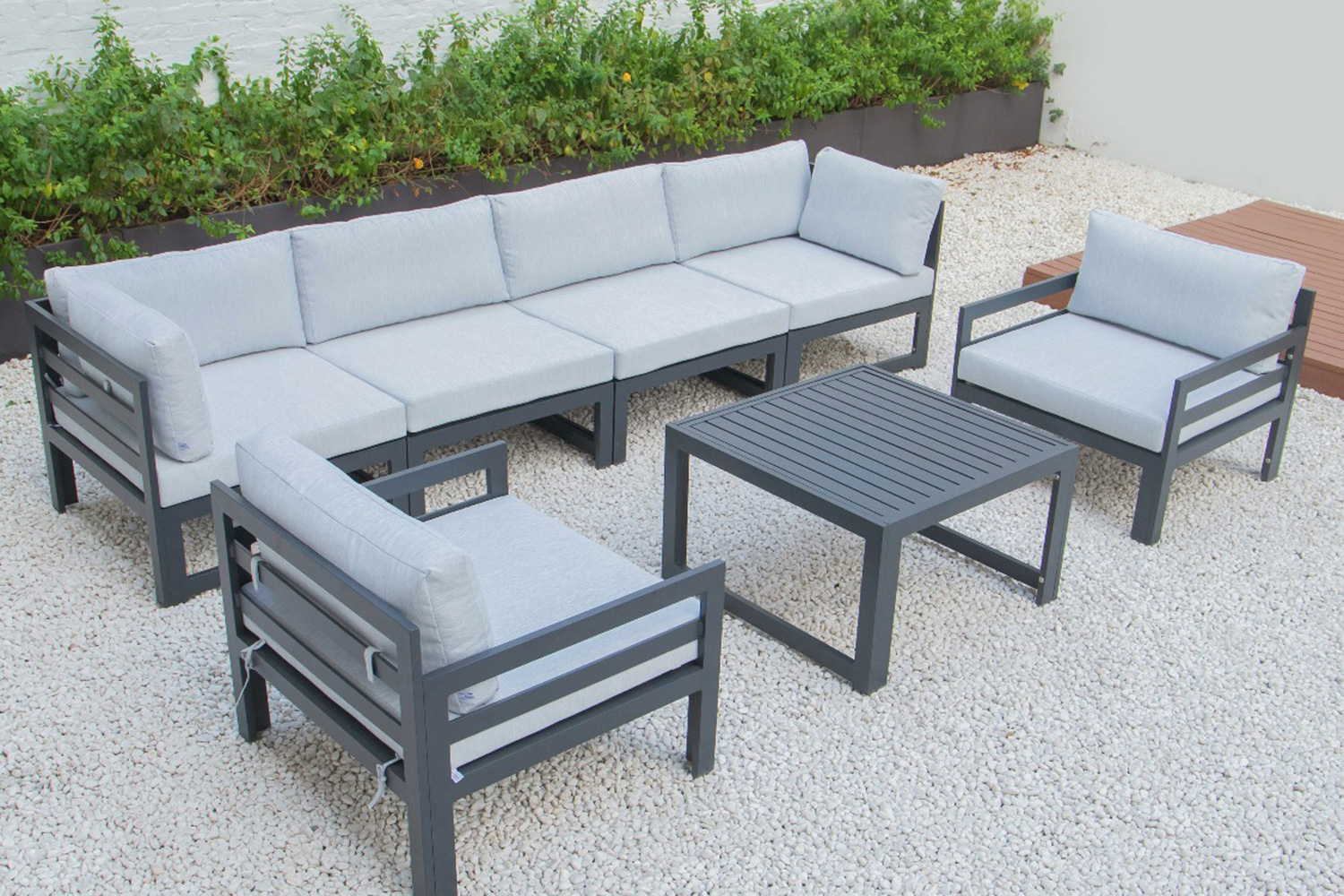 LeisureMod Chelsea 7-Piece Patio Sectional with 2 Arm Chairs and Coffee Table Set Black Aluminum with Cushions