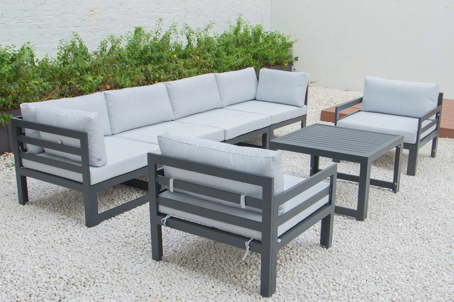 LeisureMod Chelsea 7-Piece Patio Sectional with 2 Arm Chairs and Coffee Table Set Black Aluminum with Cushions - Light Gray