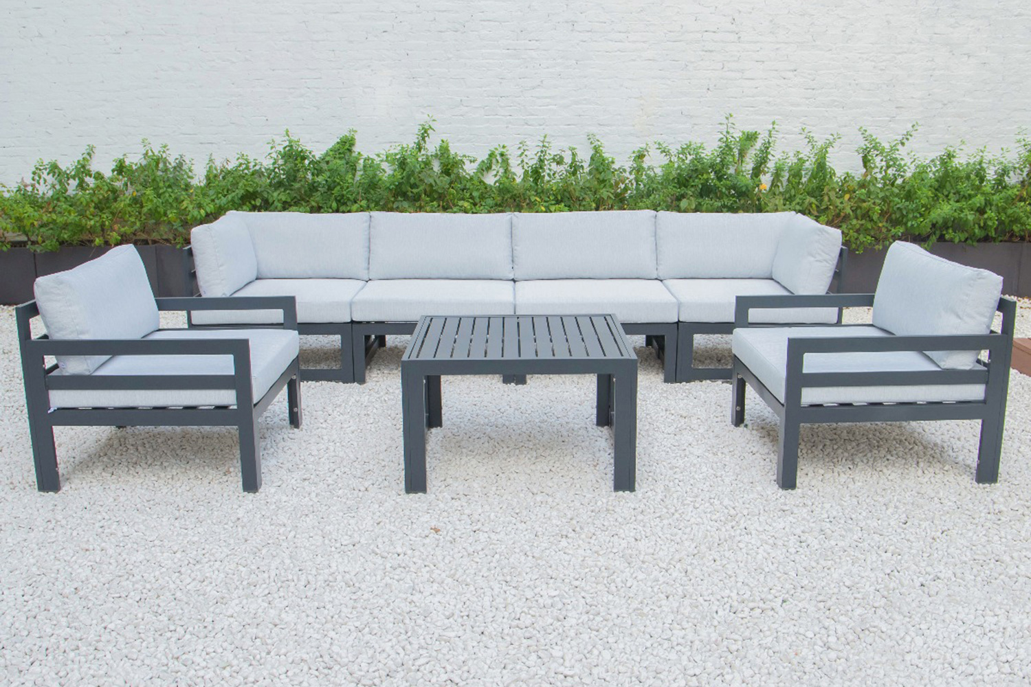 LeisureMod Chelsea 7-Piece Patio Sectional with 2 Arm Chairs and Coffee Table Set Black Aluminum with Cushions - Light Gray