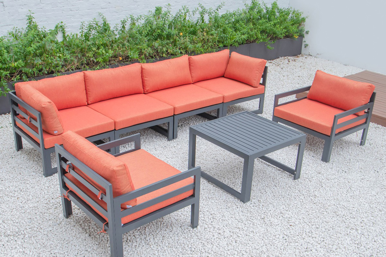 LeisureMod Chelsea 7-Piece Patio Sectional with 2 Arm Chairs and Coffee Table Set Black Aluminum with Cushions - Orange