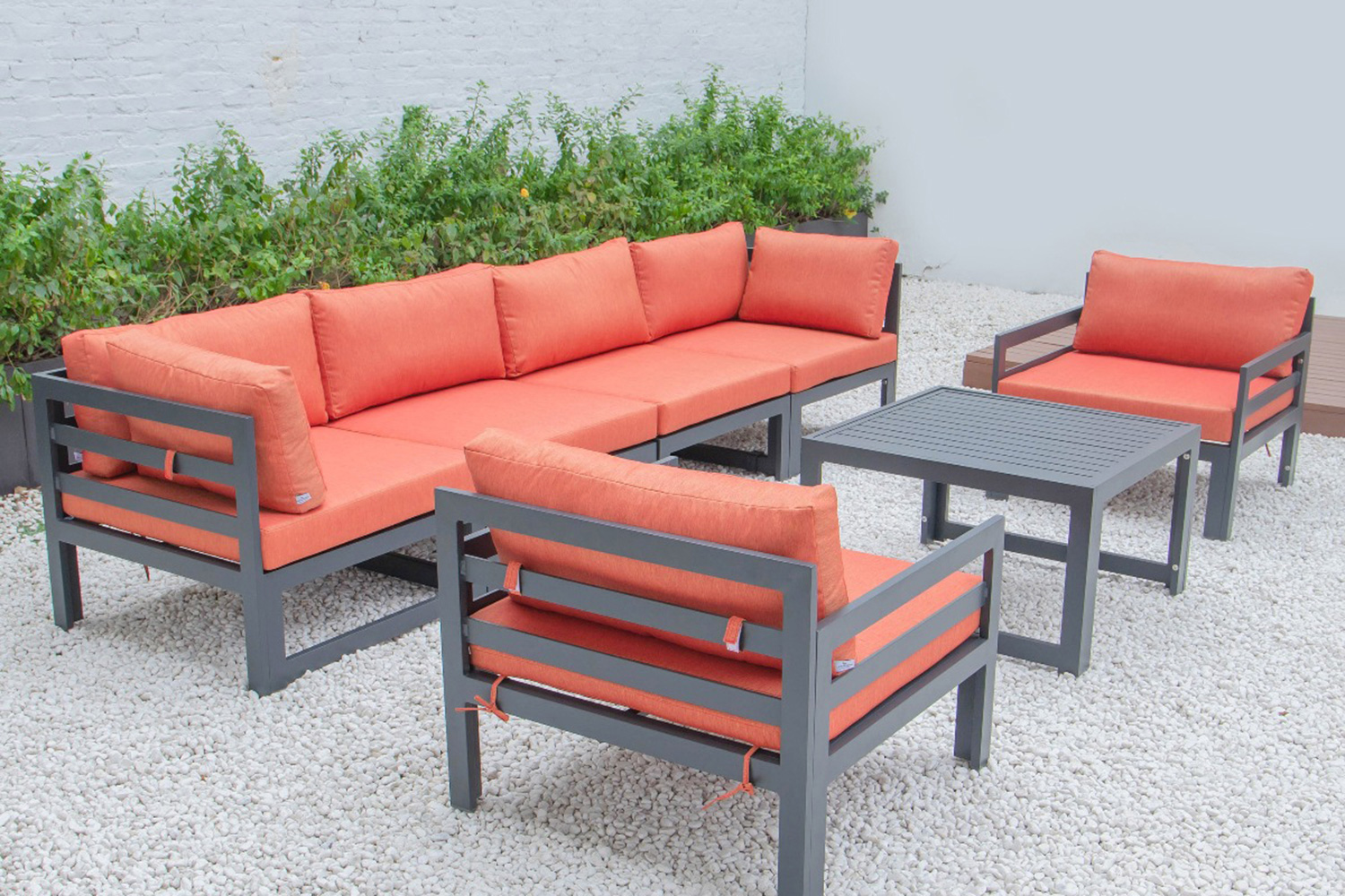 LeisureMod Chelsea 7-Piece Patio Sectional with 2 Arm Chairs and Coffee Table Set Black Aluminum with Cushions - Orange