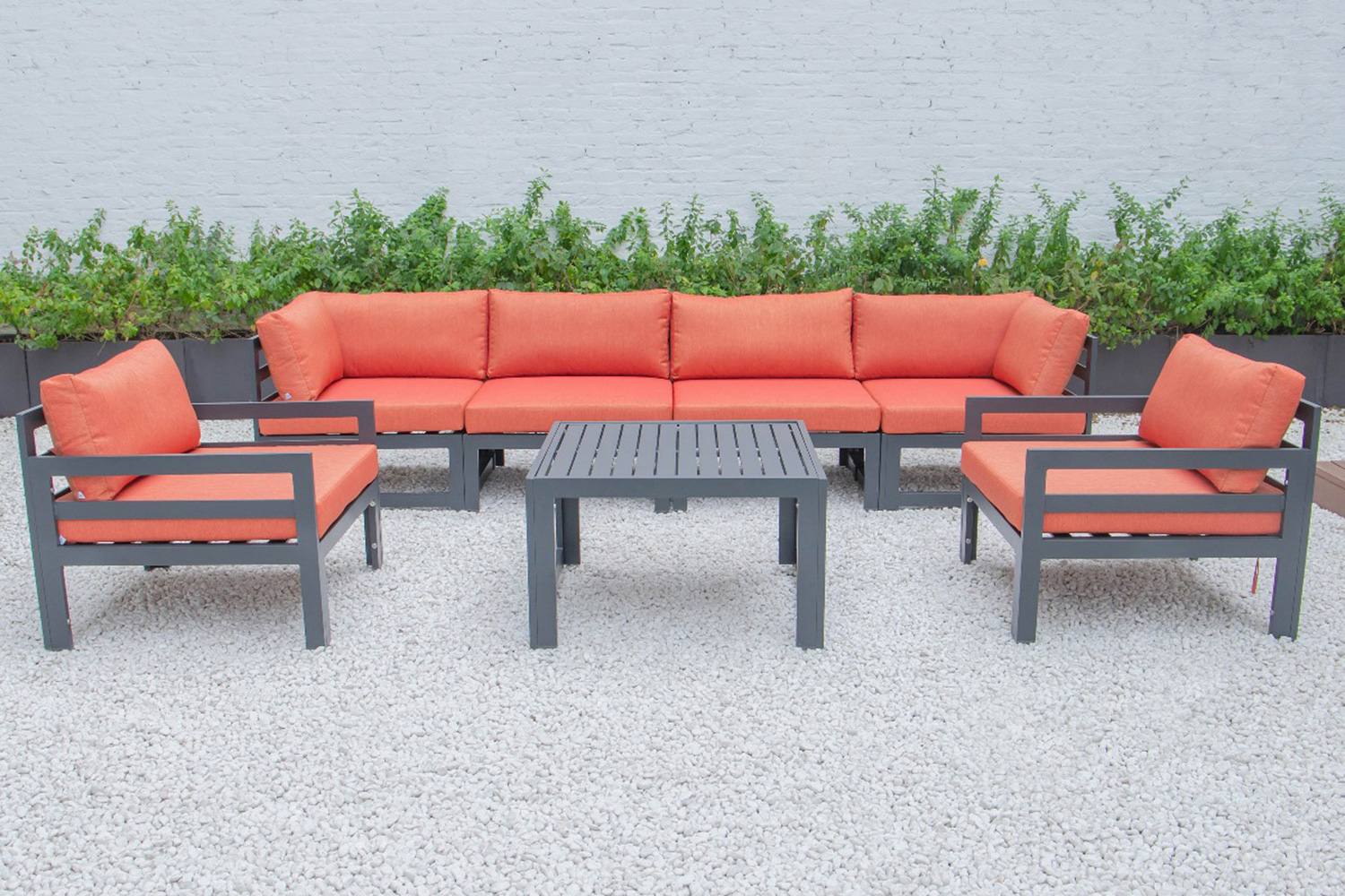 LeisureMod Chelsea 7-Piece Patio Sectional with 2 Arm Chairs and Coffee Table Set Black Aluminum with Cushions - Orange