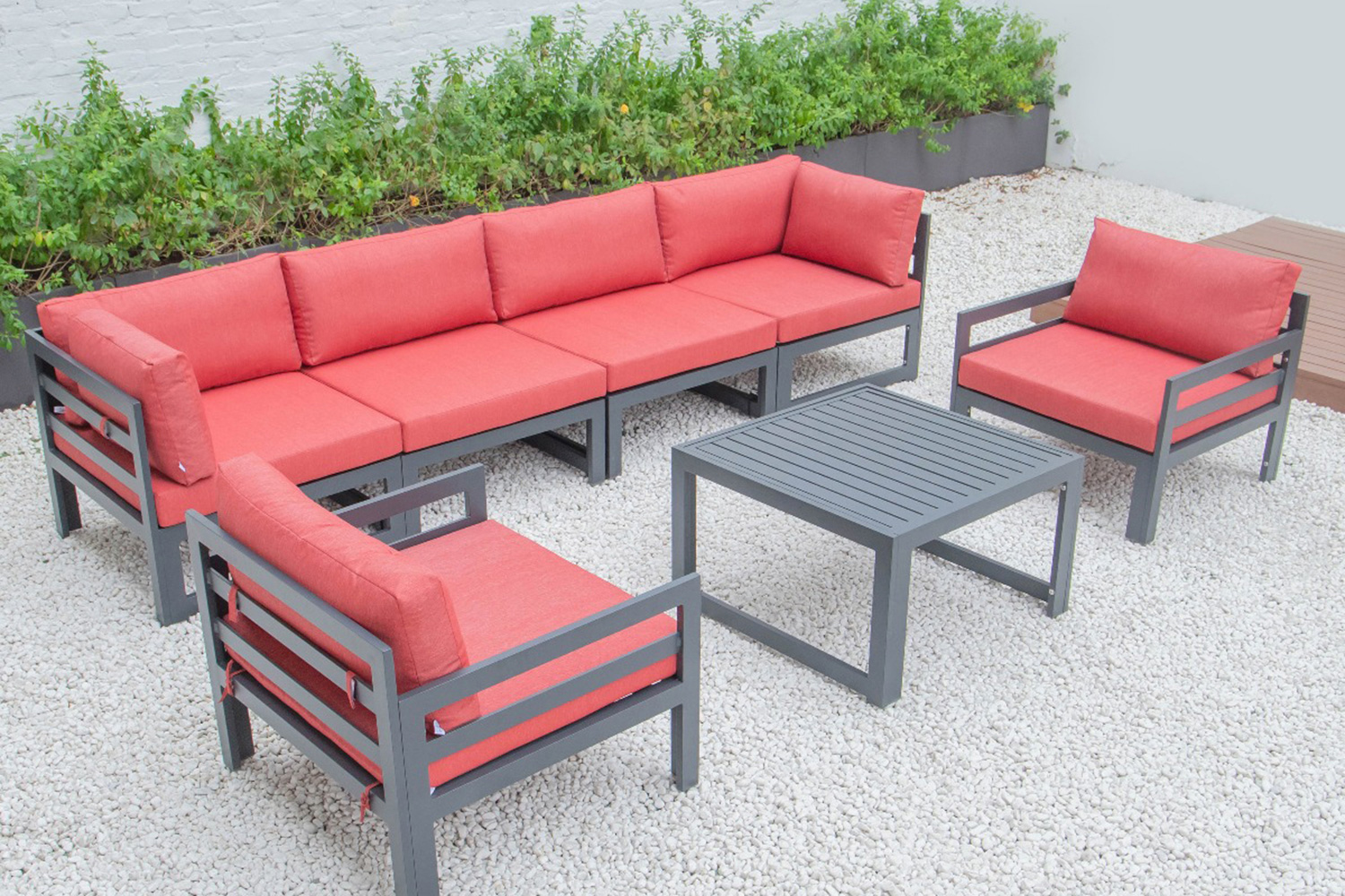 LeisureMod Chelsea 7-Piece Patio Sectional with 2 Arm Chairs and Coffee Table Set Black Aluminum with Cushions